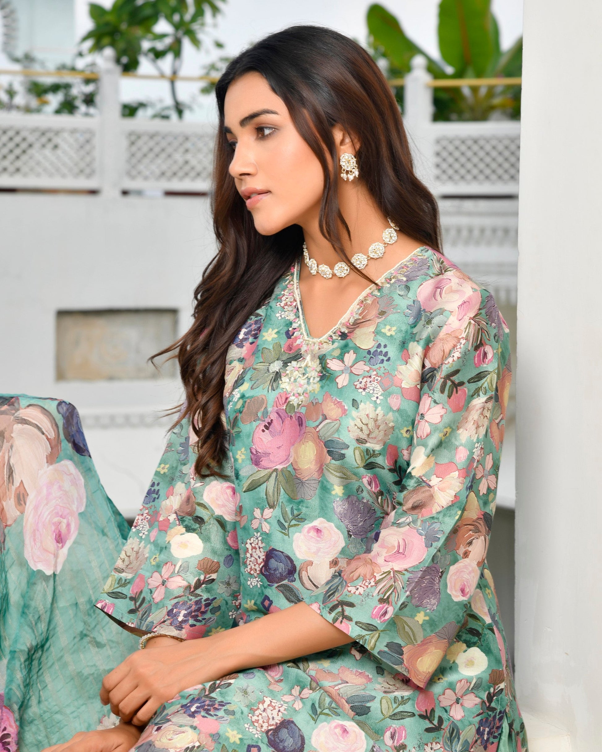 Women Tissue gota Embroidered Suit Set with Solid Pant and Embroidered Dupatta