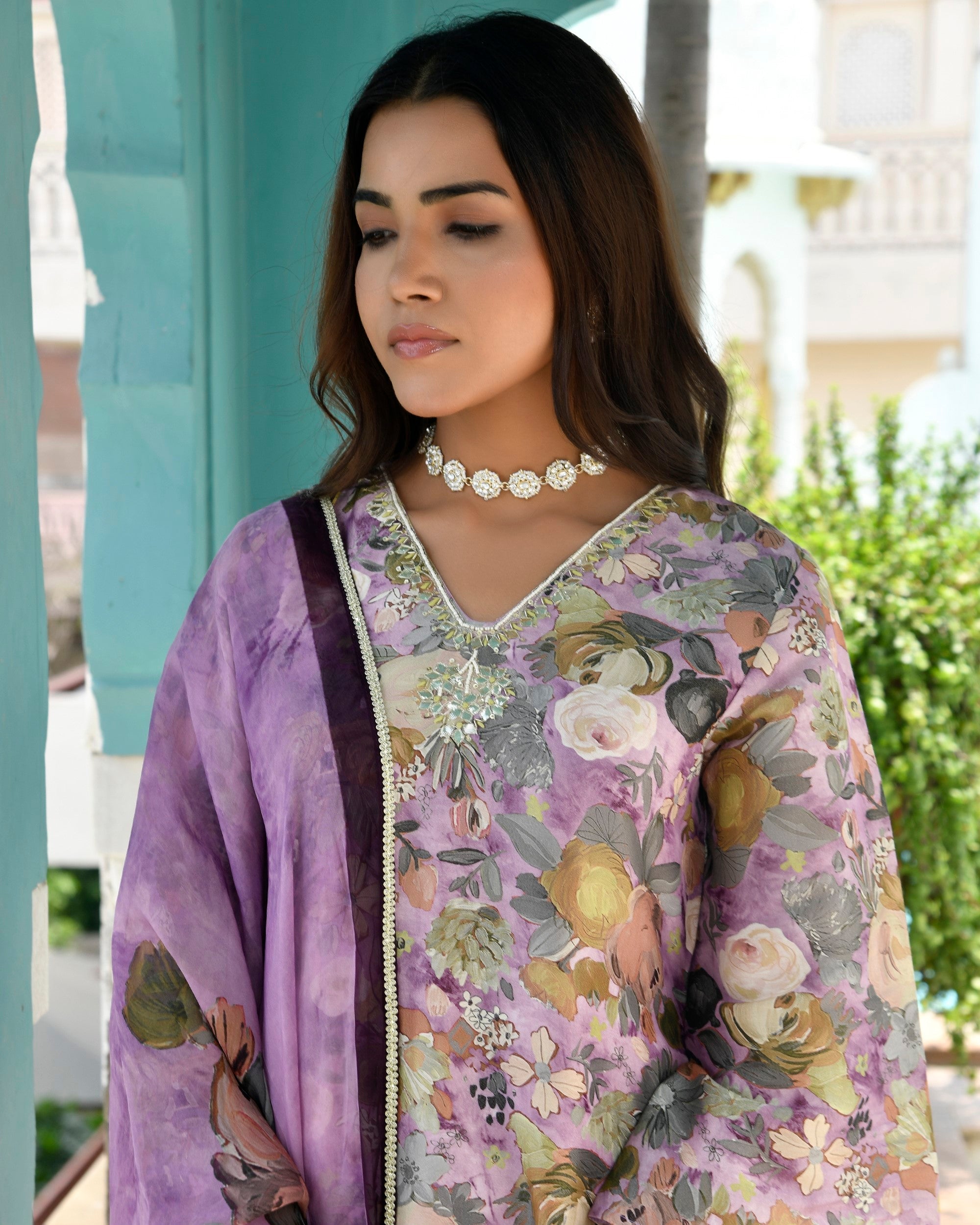 Women Tissue gota Embroidered Suit Set with Solid Pant and Embroidered Dupatta