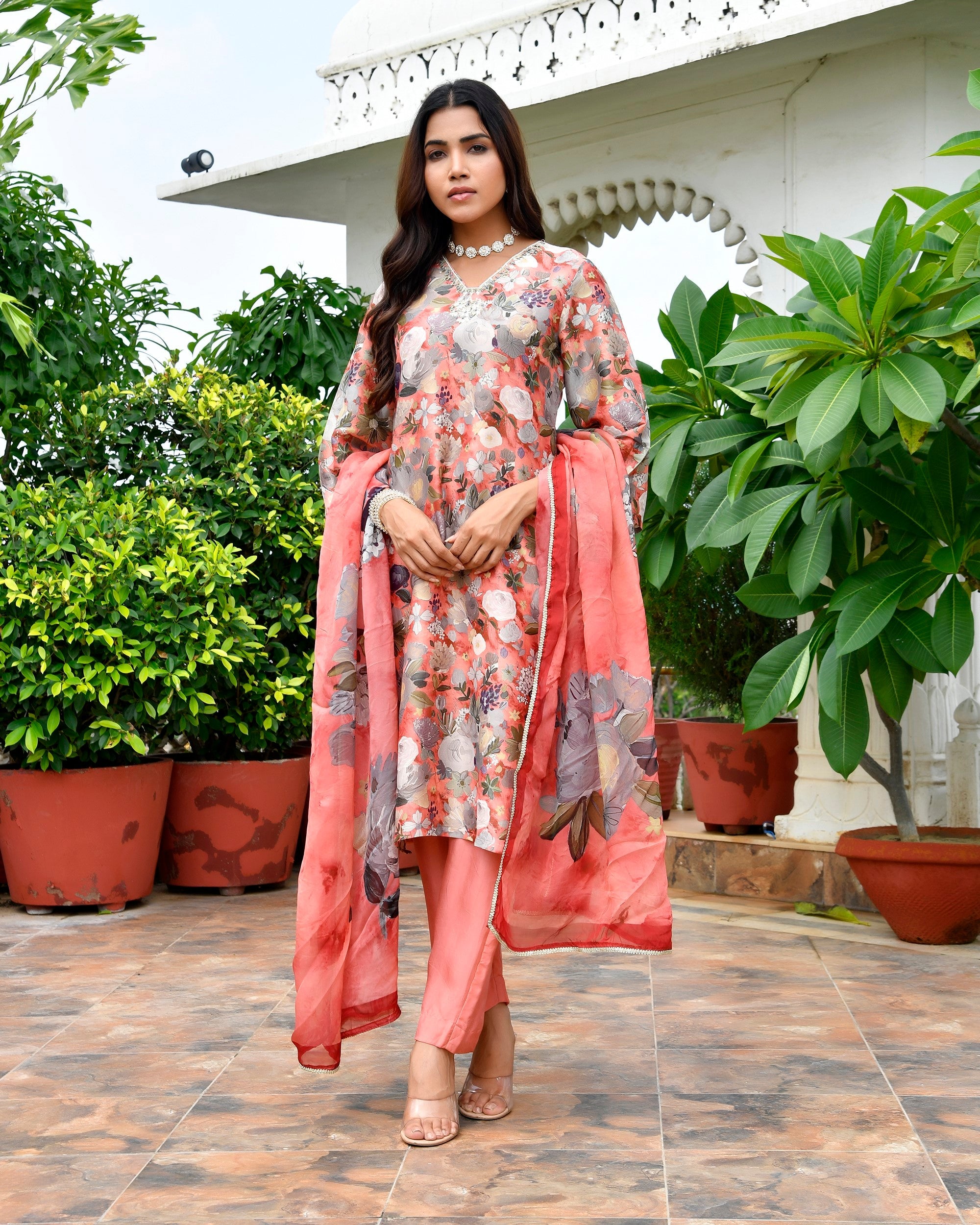 Women Tissue gota Embroidered Suit Set with Solid Pant and Embroidered Dupatta