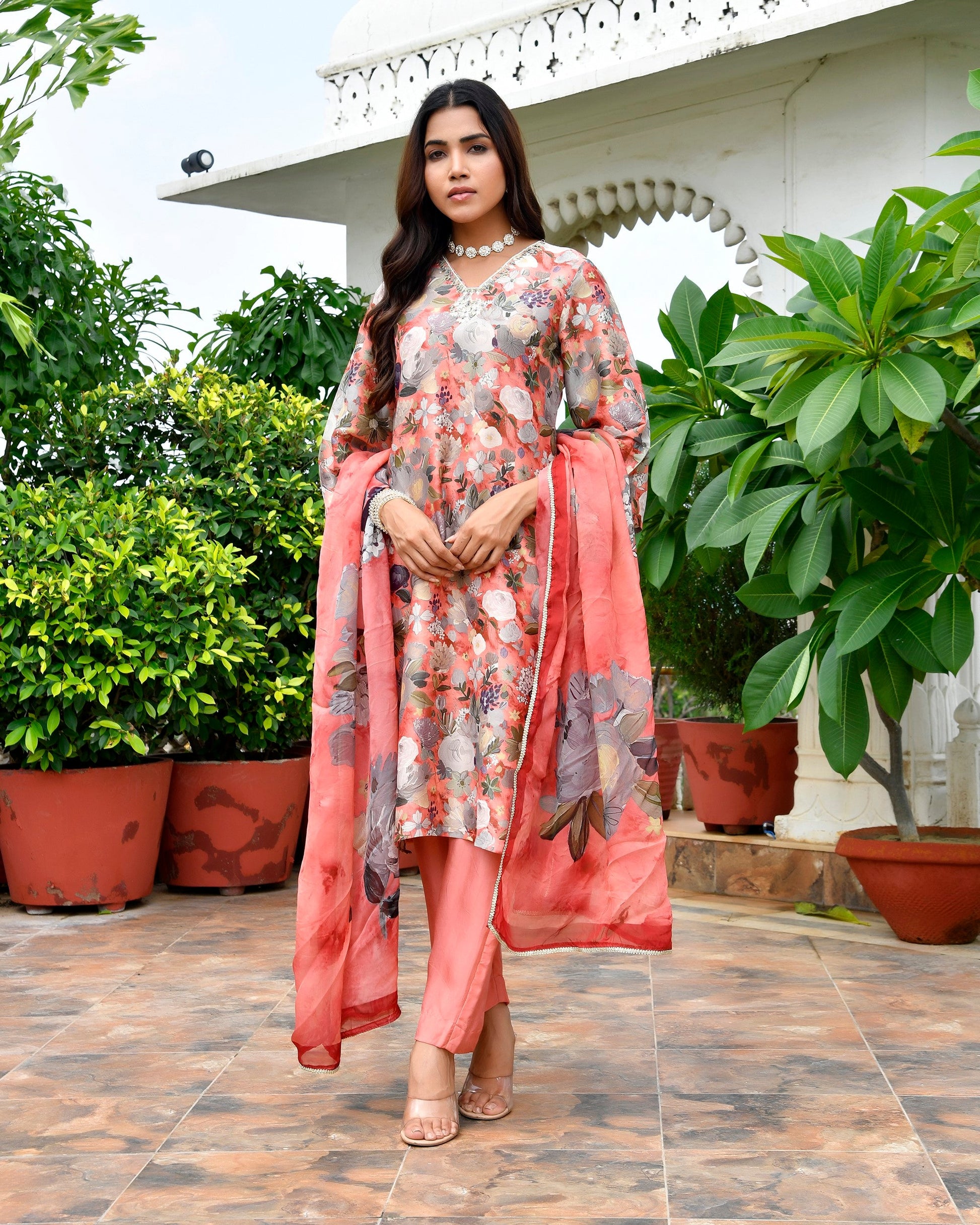 Women Tissue gota Embroidered Suit Set with Solid Pant and Embroidered Dupatta