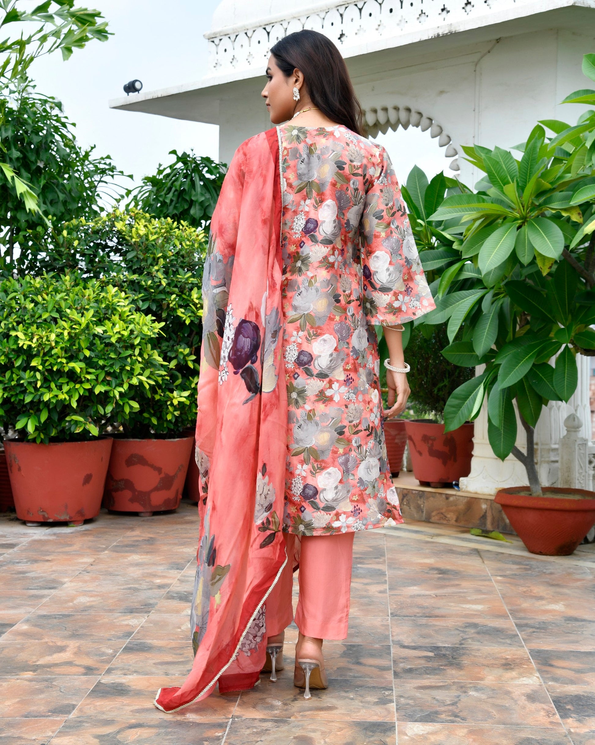 Women Tissue gota Embroidered Suit Set with Solid Pant and Embroidered Dupatta