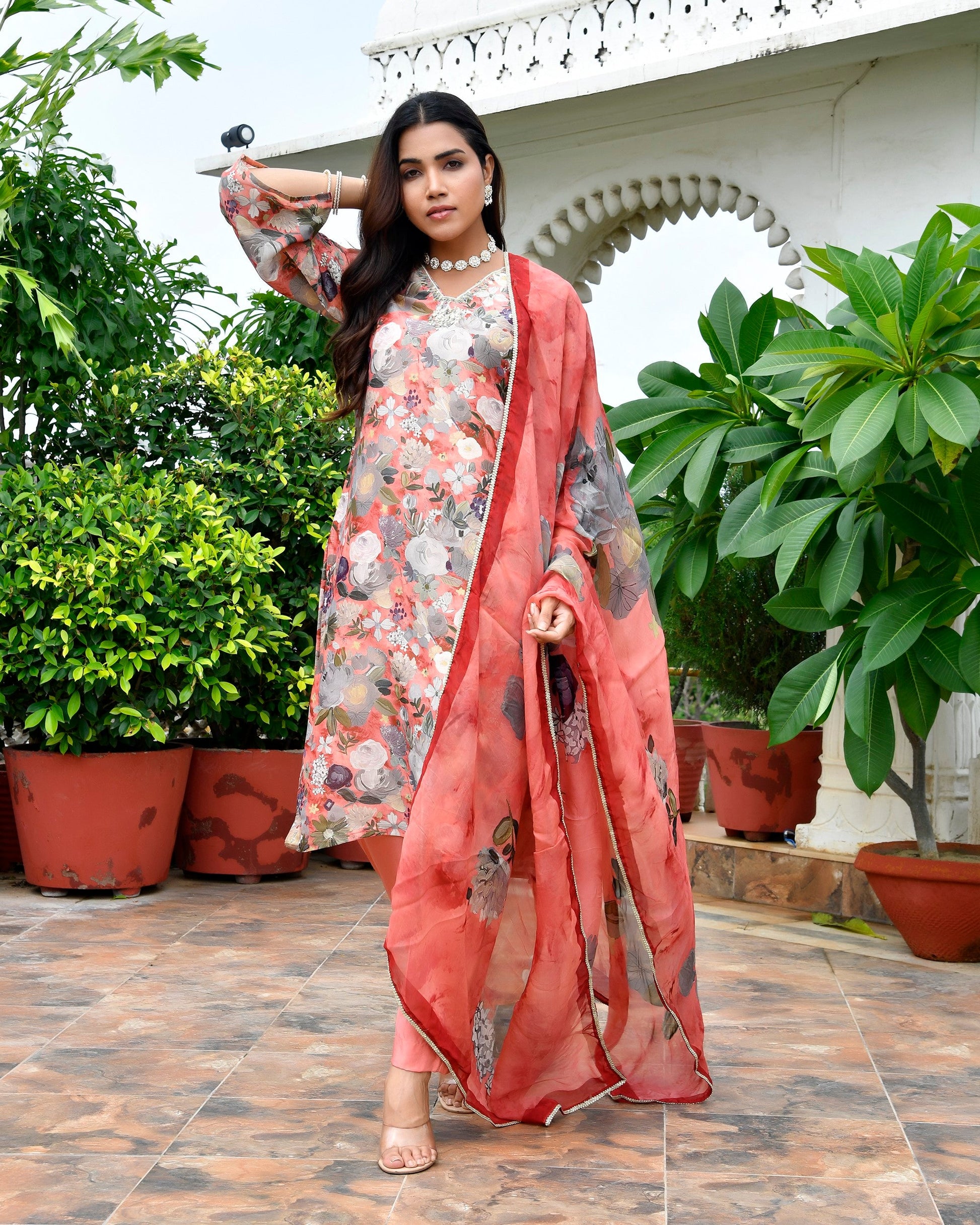 Women Tissue gota Embroidered Suit Set with Solid Pant and Embroidered Dupatta