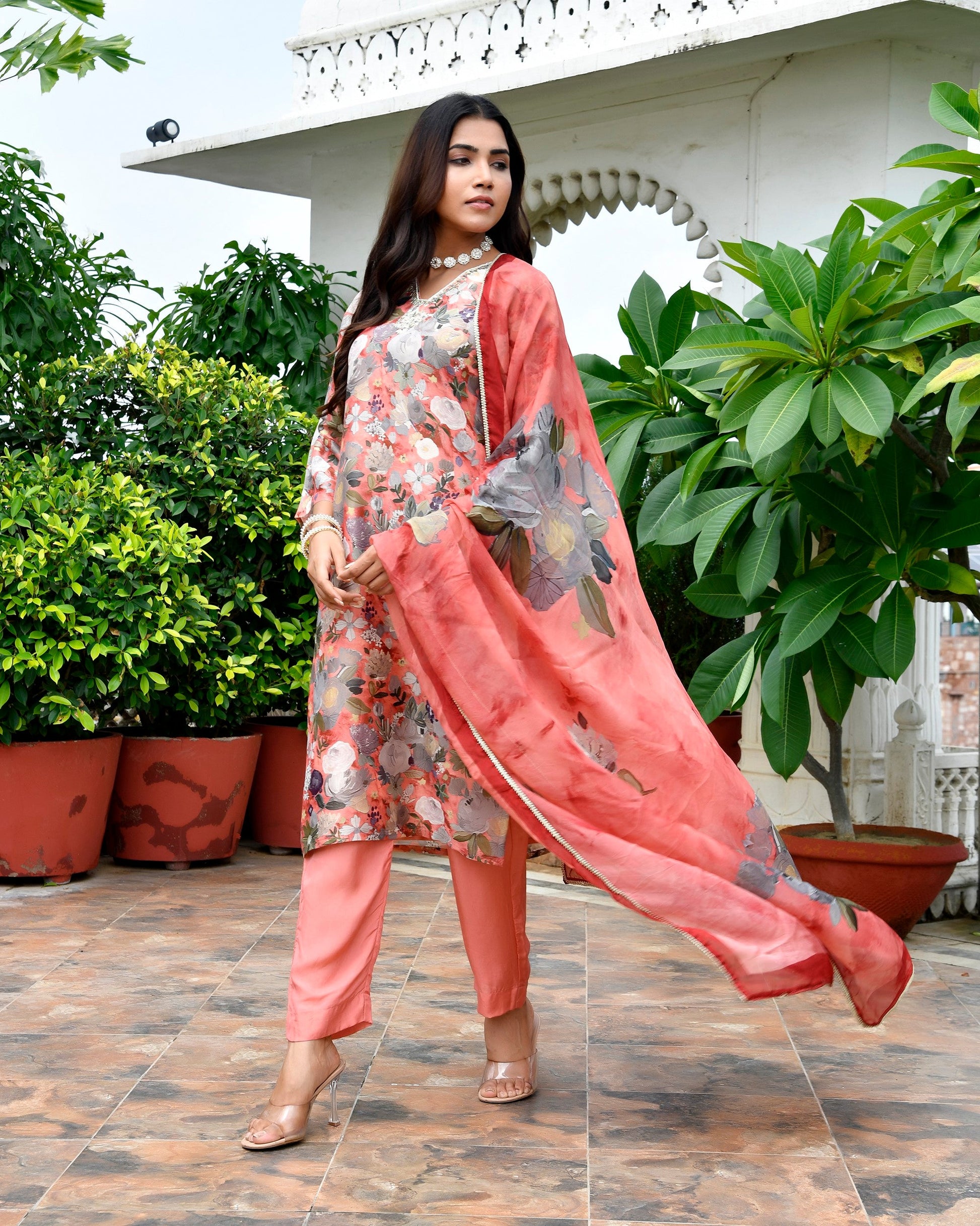 Women Tissue gota Embroidered Suit Set with Solid Pant and Embroidered Dupatta