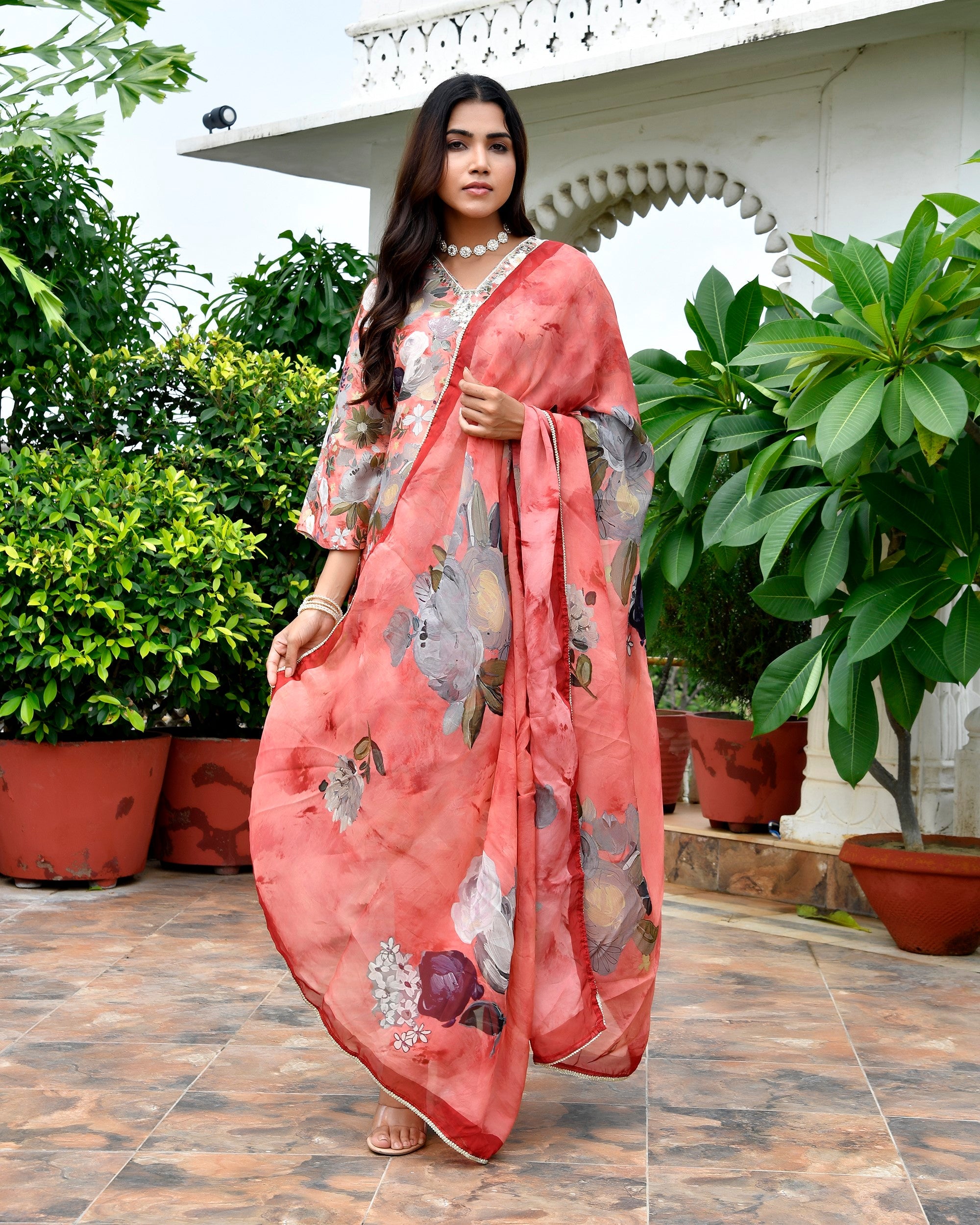 Women Tissue gota Embroidered Suit Set with Solid Pant and Embroidered Dupatta