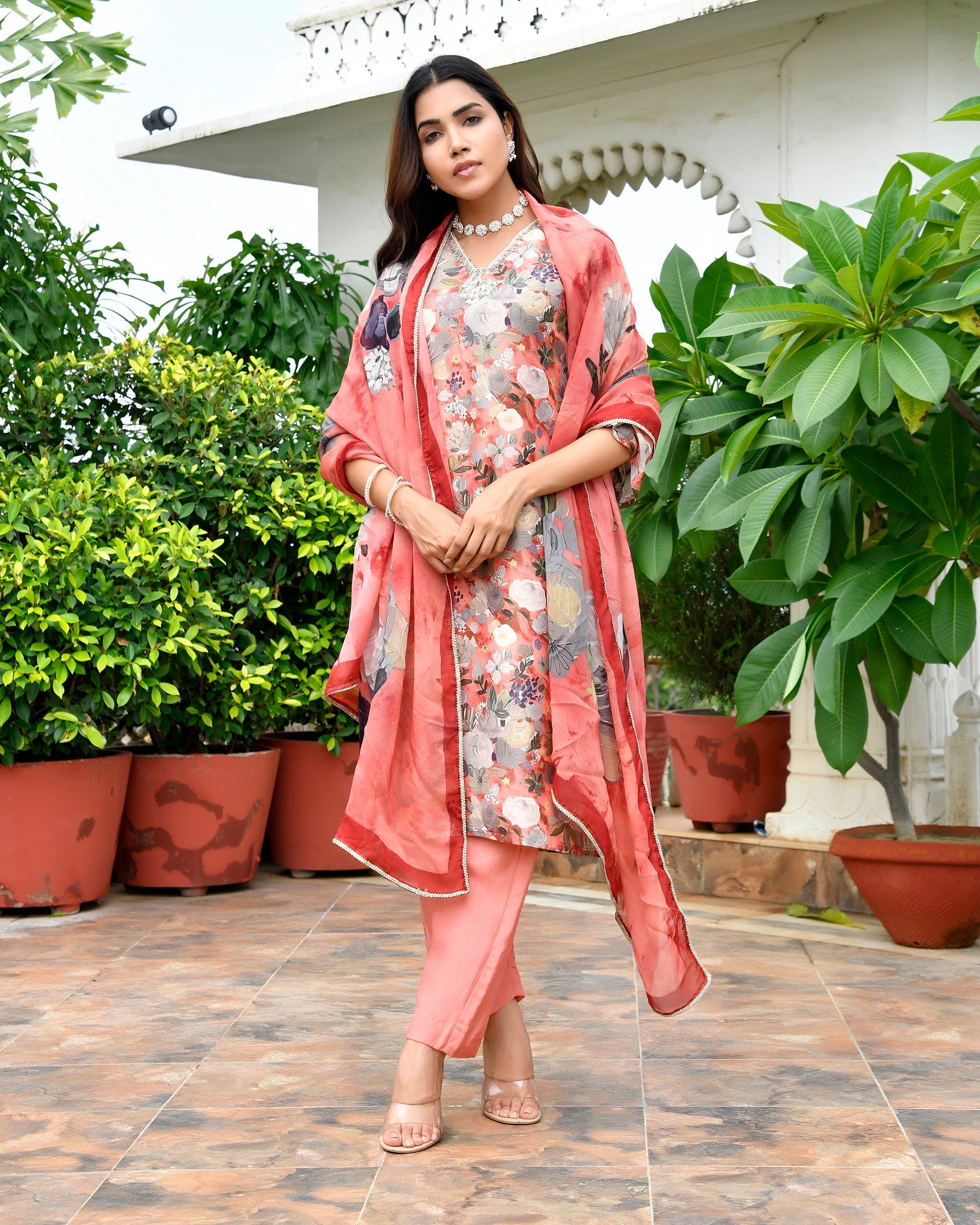 Women Tissue gota Embroidered Suit Set with Solid Pant and Embroidered Dupatta