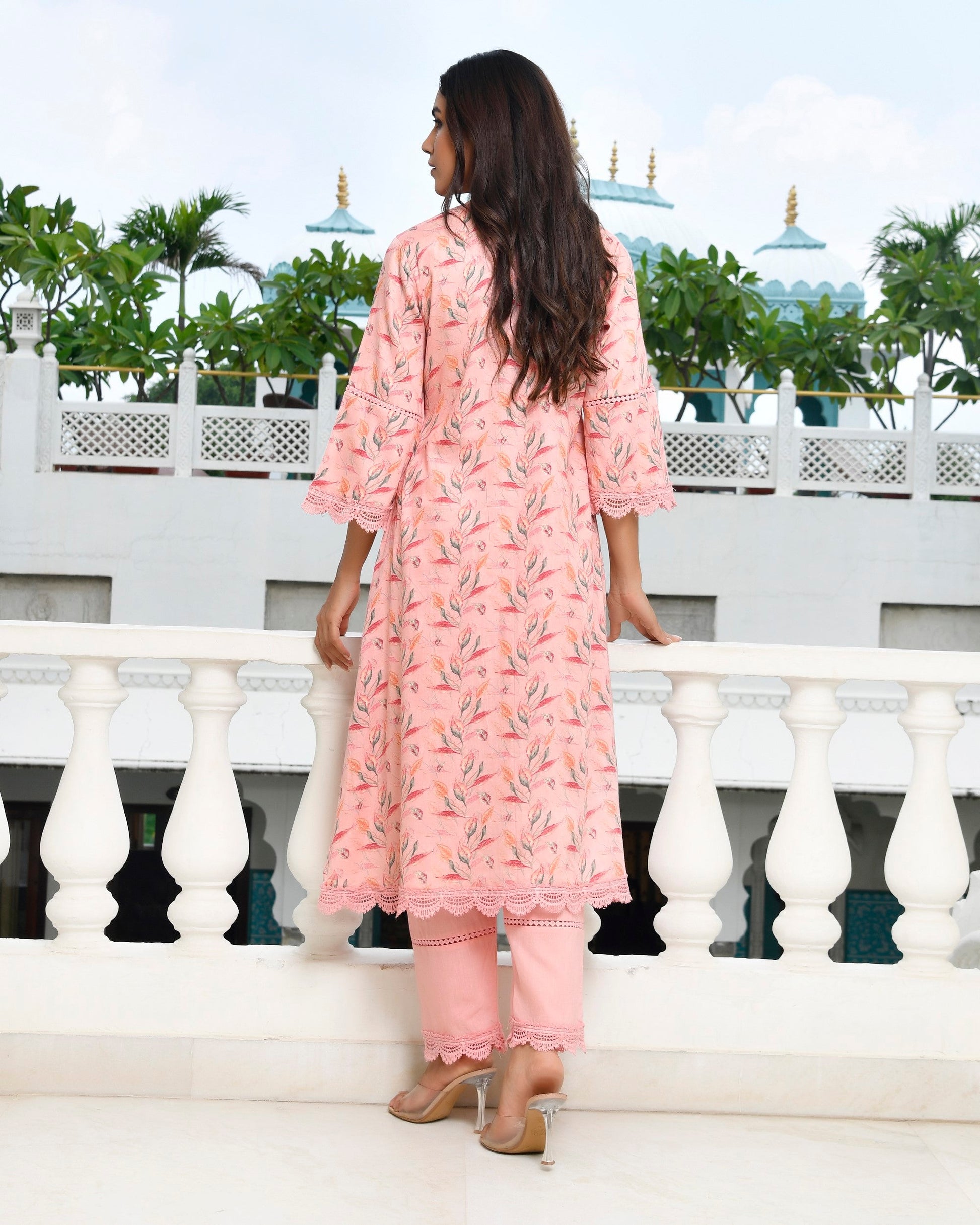 Women Cotton Kurta pant set with solid laced pant