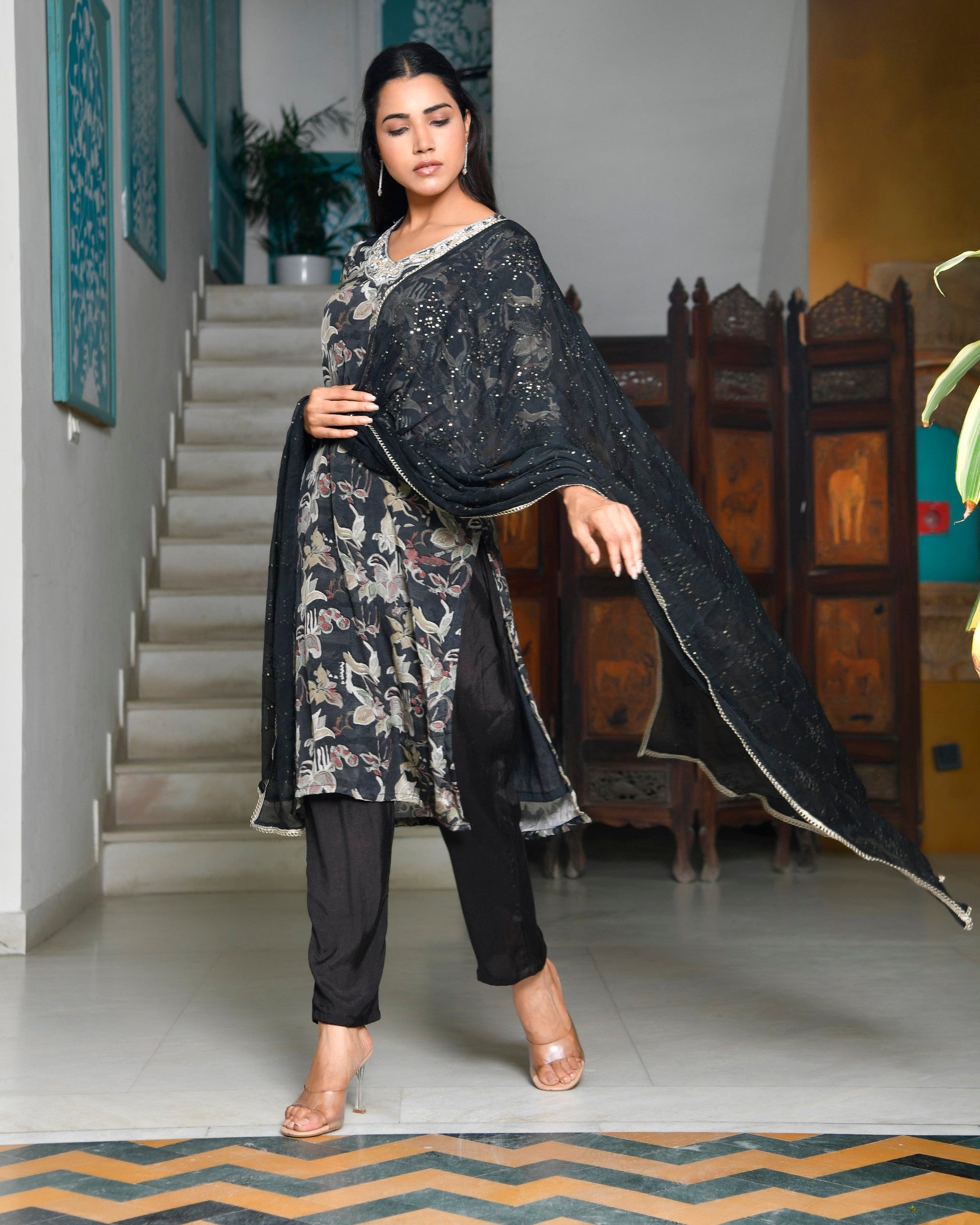 Women crepe embroidered suit set