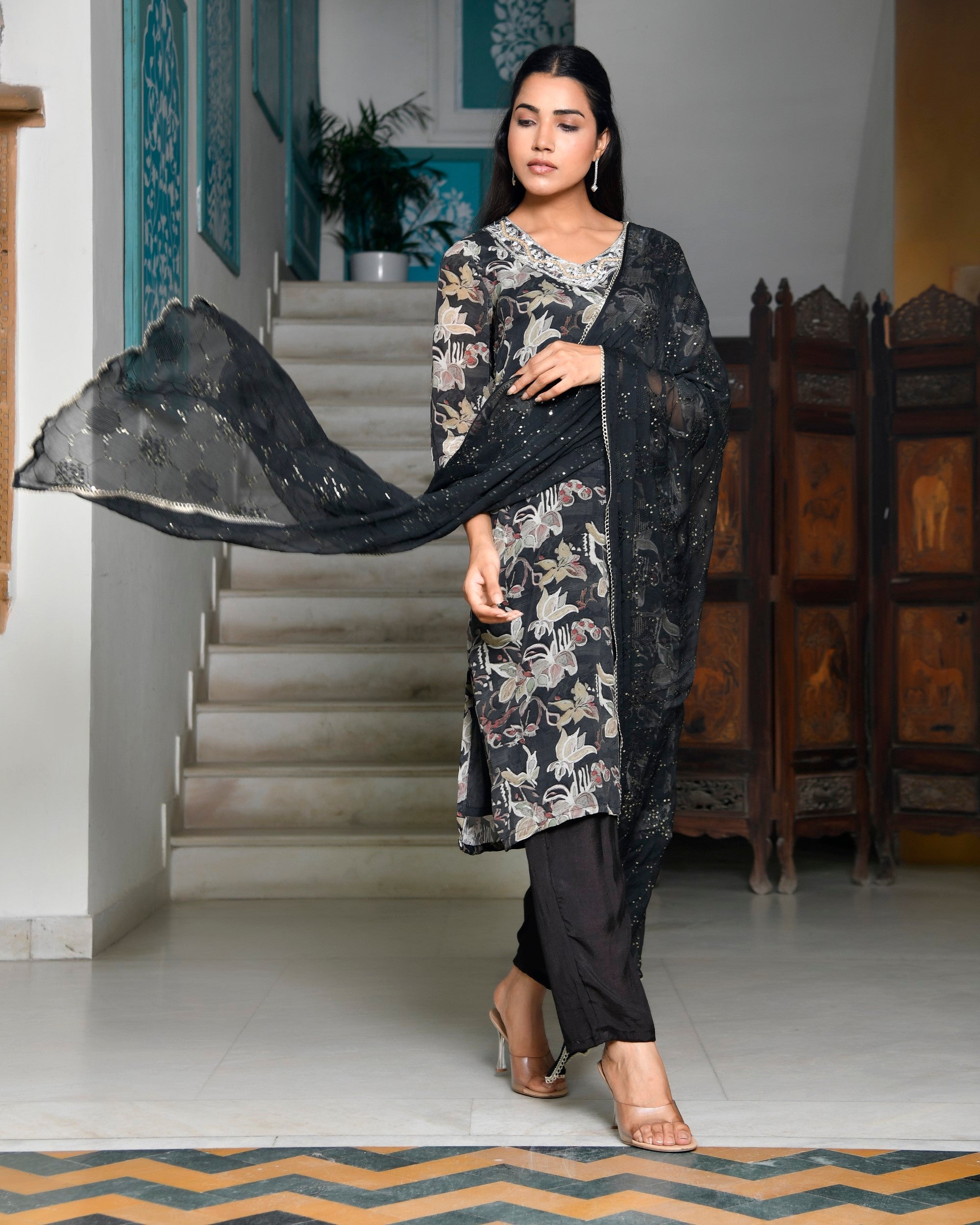 Women crepe embroidered suit set