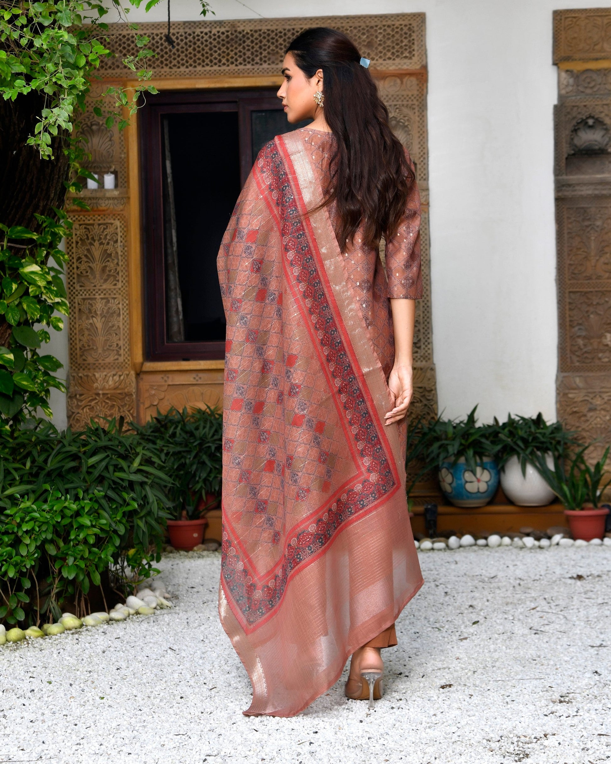 Women Chanderi Printed Suit Set with pant and printed dupatta
