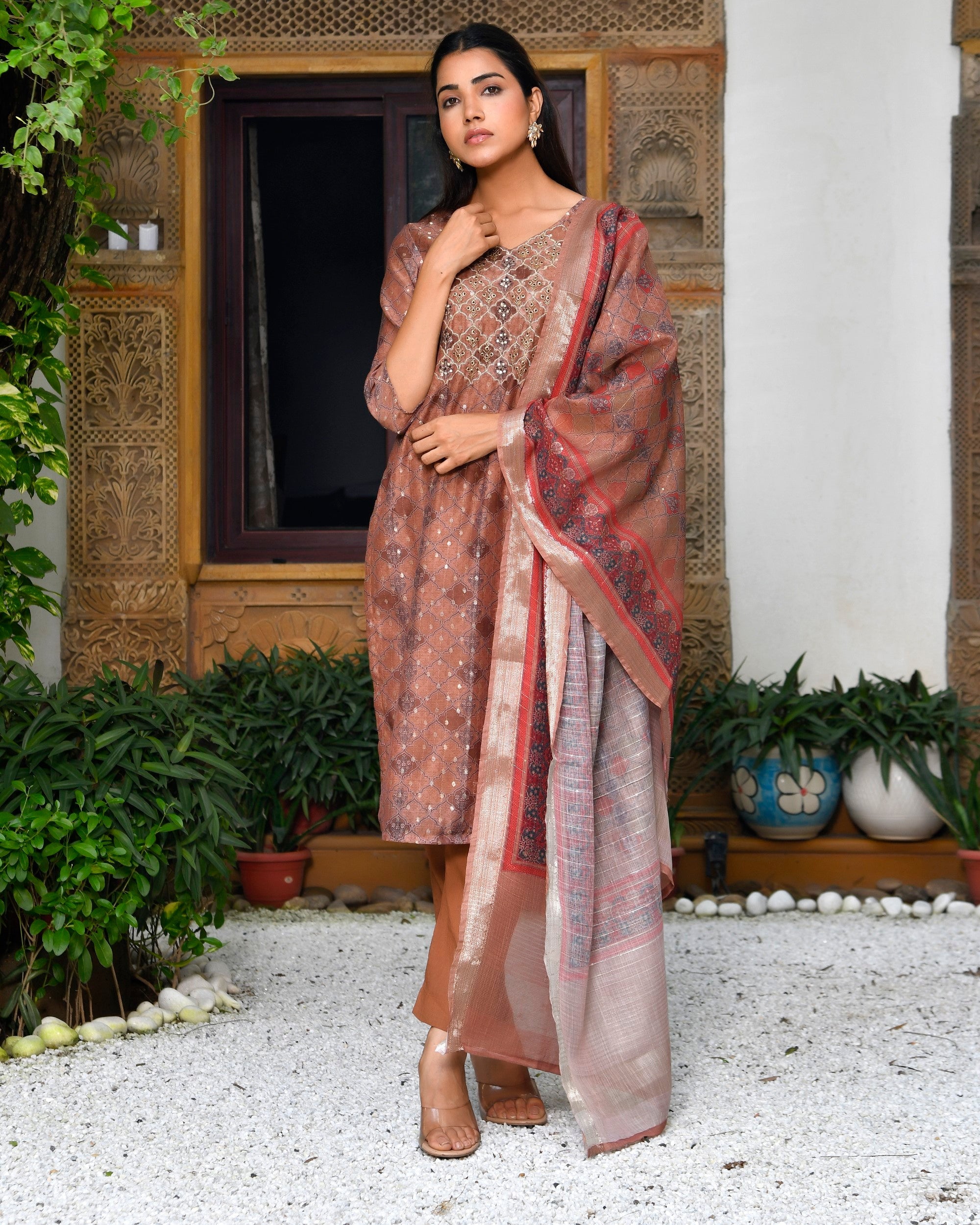 Women Chanderi Printed Suit Set with pant and printed dupatta