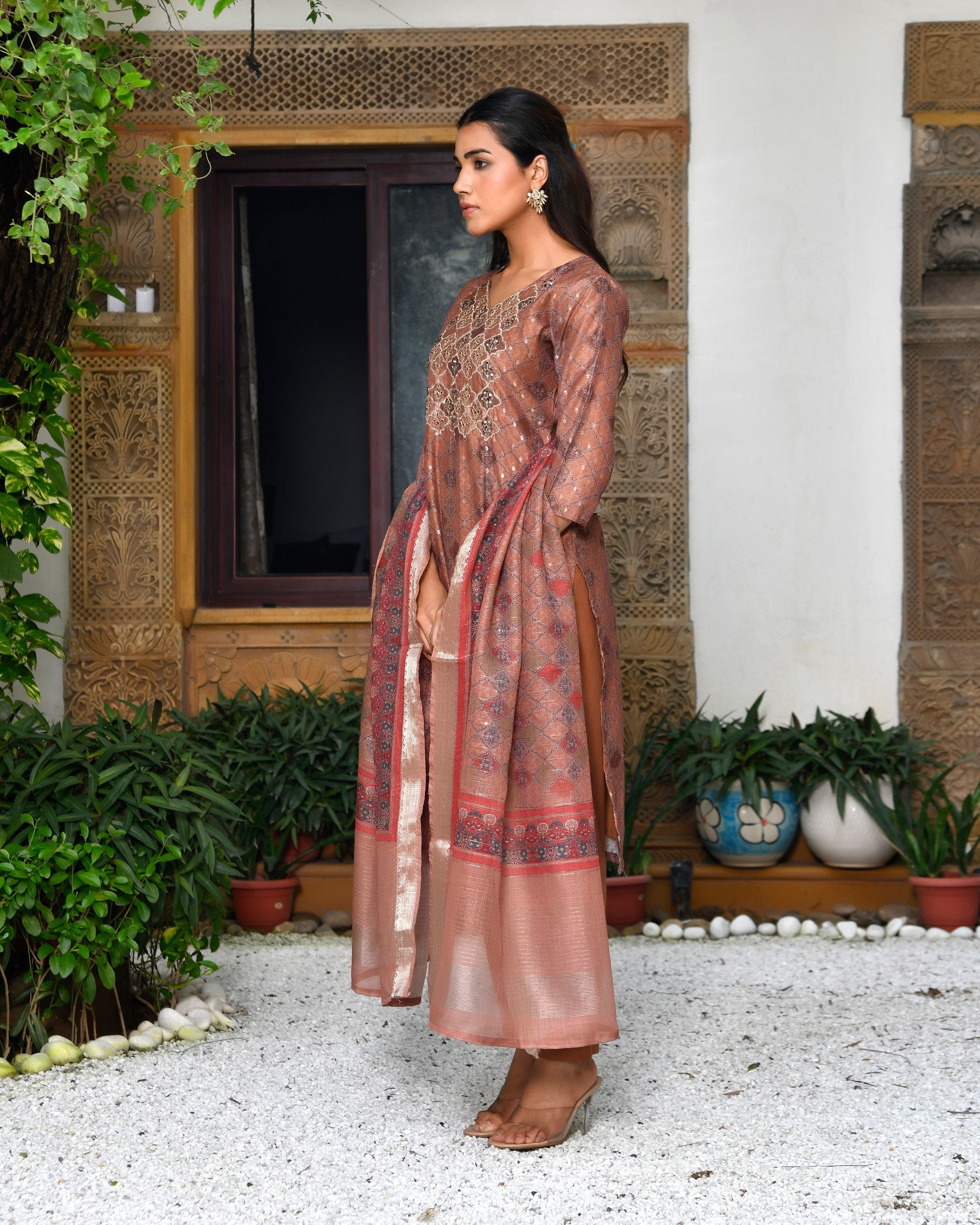 Women Chanderi Printed Suit Set with pant and printed dupatta