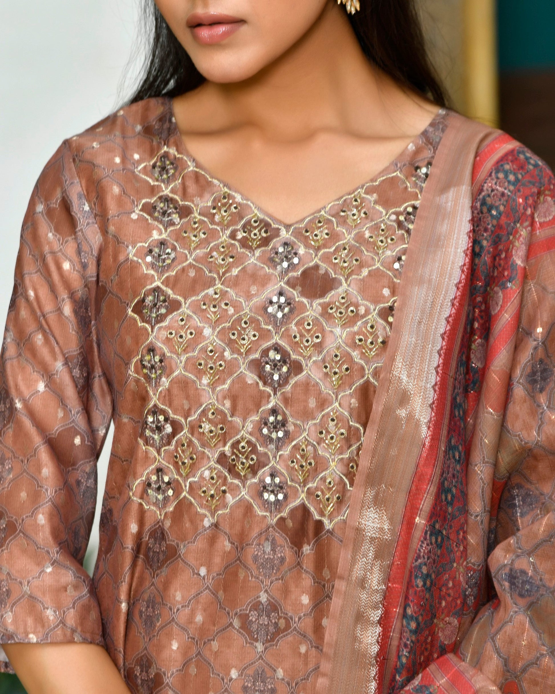 Women Chanderi Printed Suit Set with pant and printed dupatta