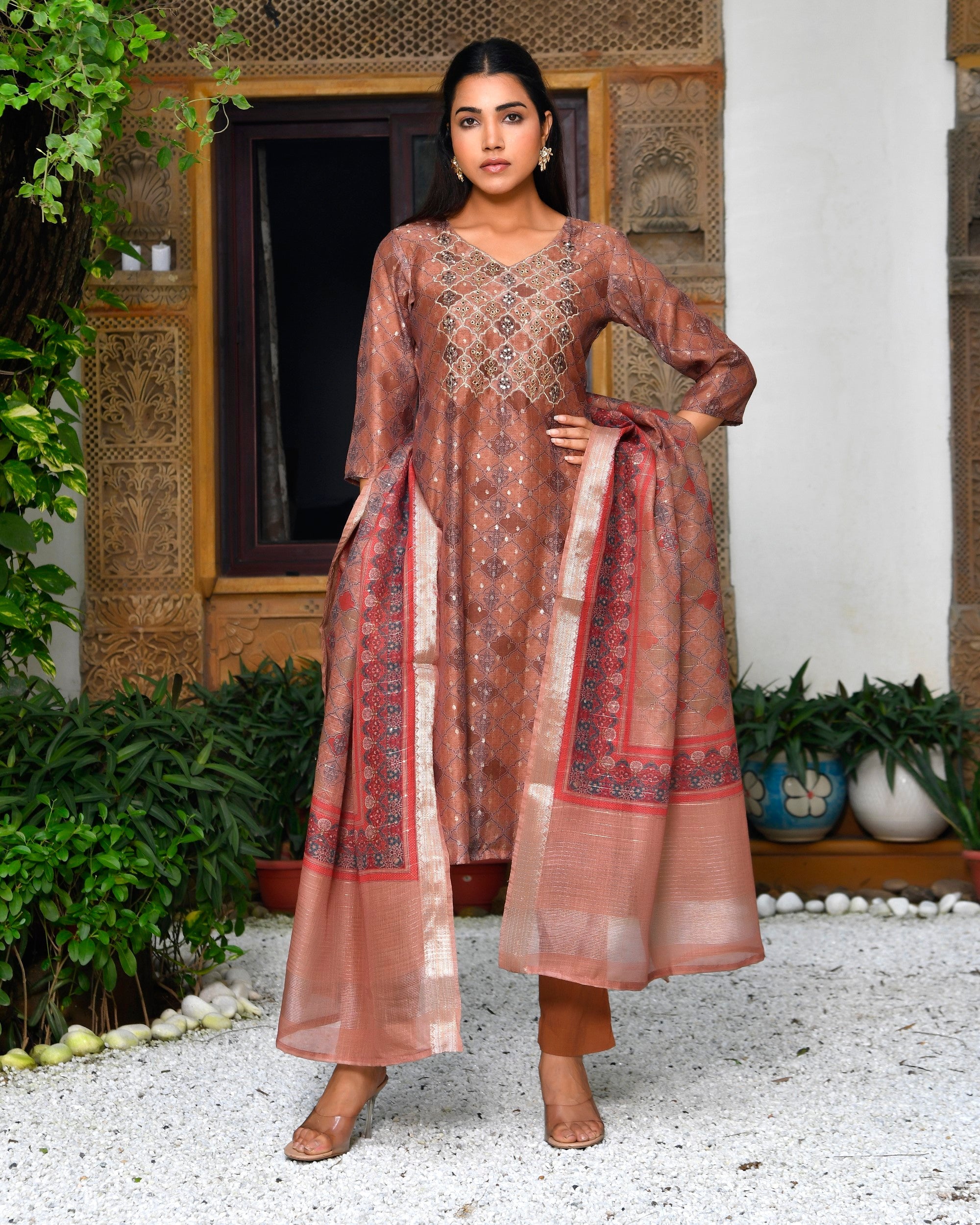 Women Chanderi Printed Suit Set with pant and printed dupatta