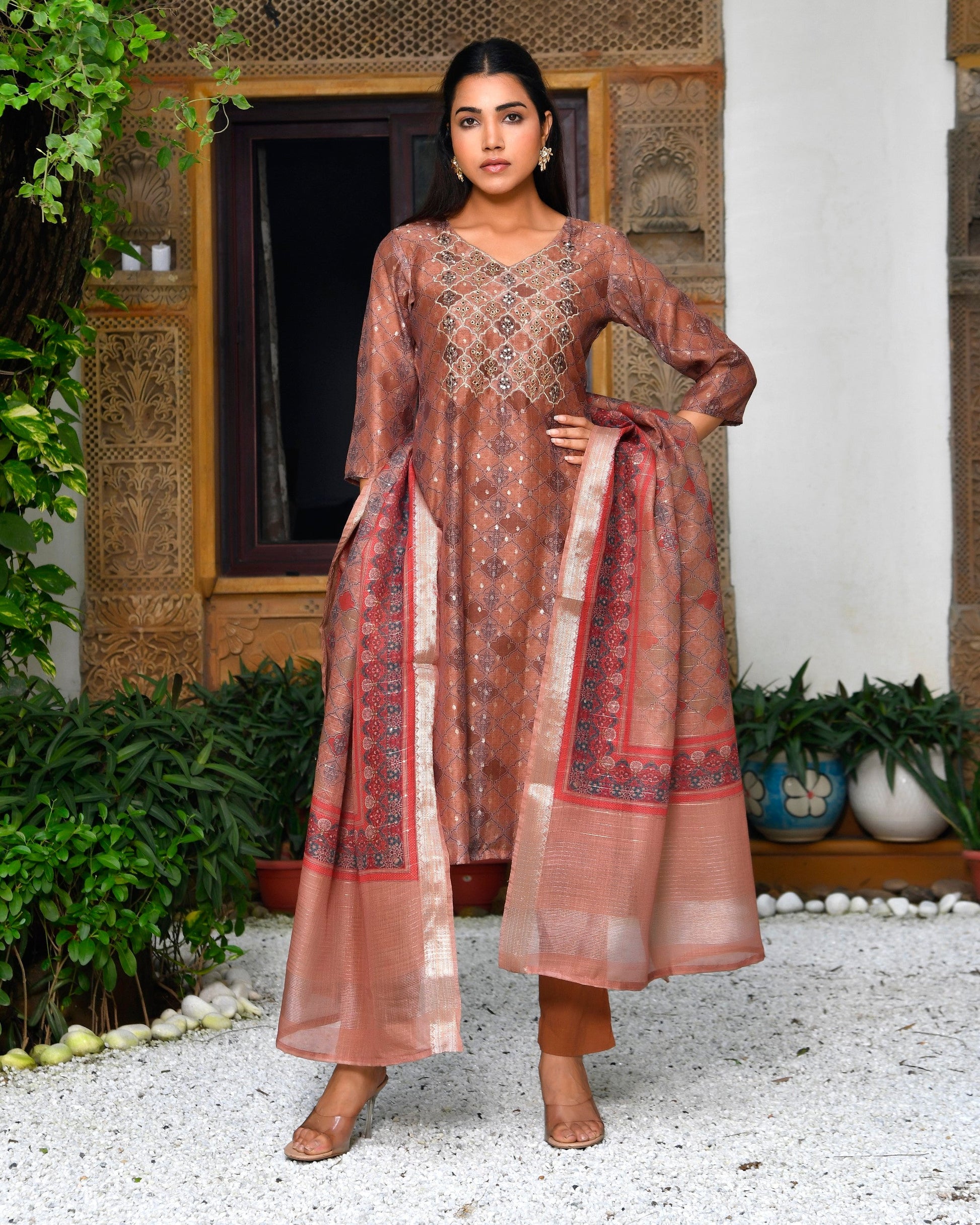 Women Chanderi Printed Suit Set with pant and printed dupatta