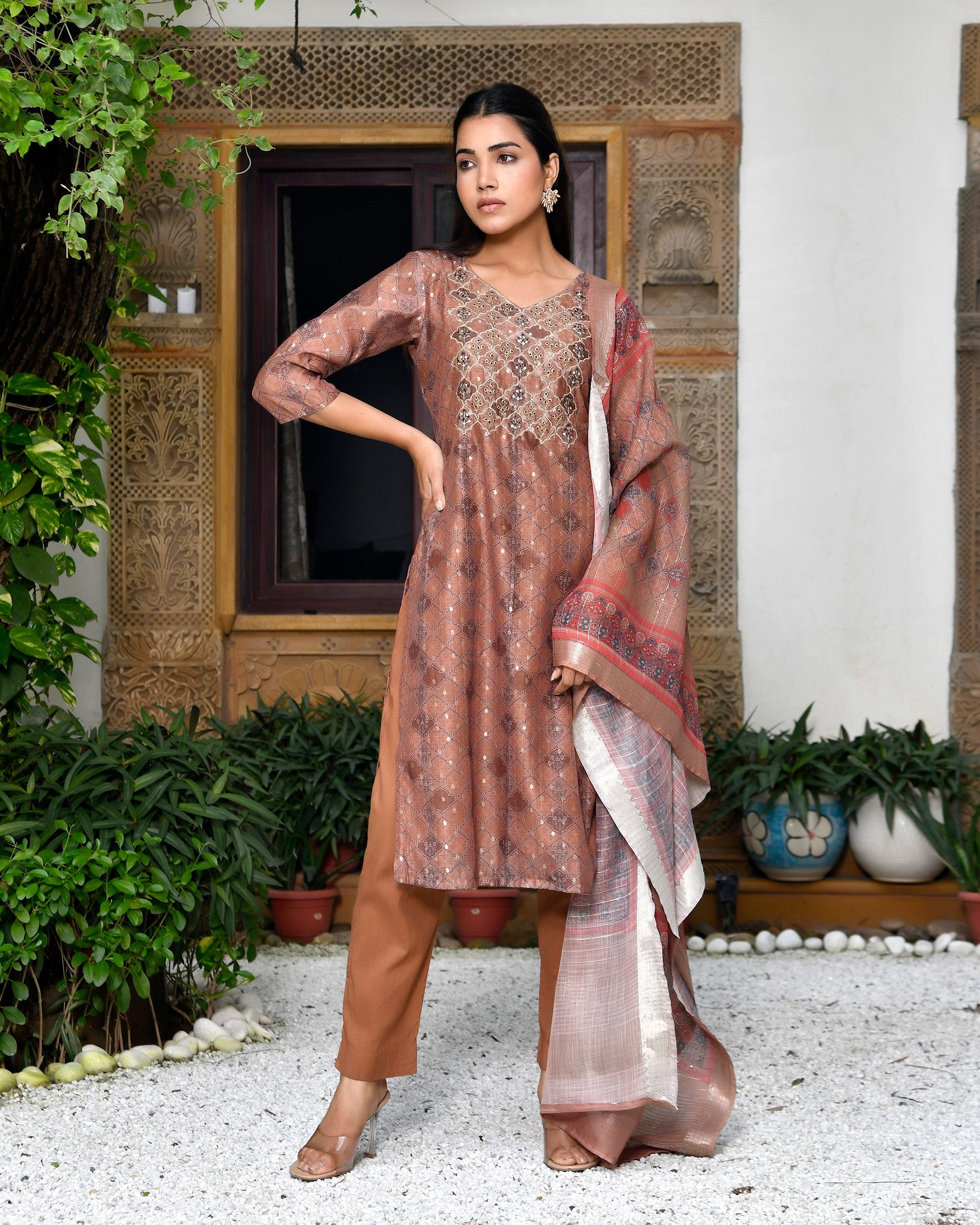 Women Chanderi Printed Suit Set with pant and printed dupatta