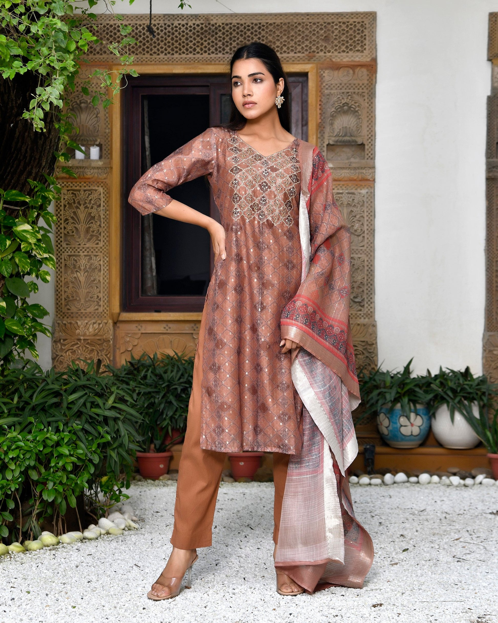 Women Chanderi Printed Suit Set with pant and printed dupatta