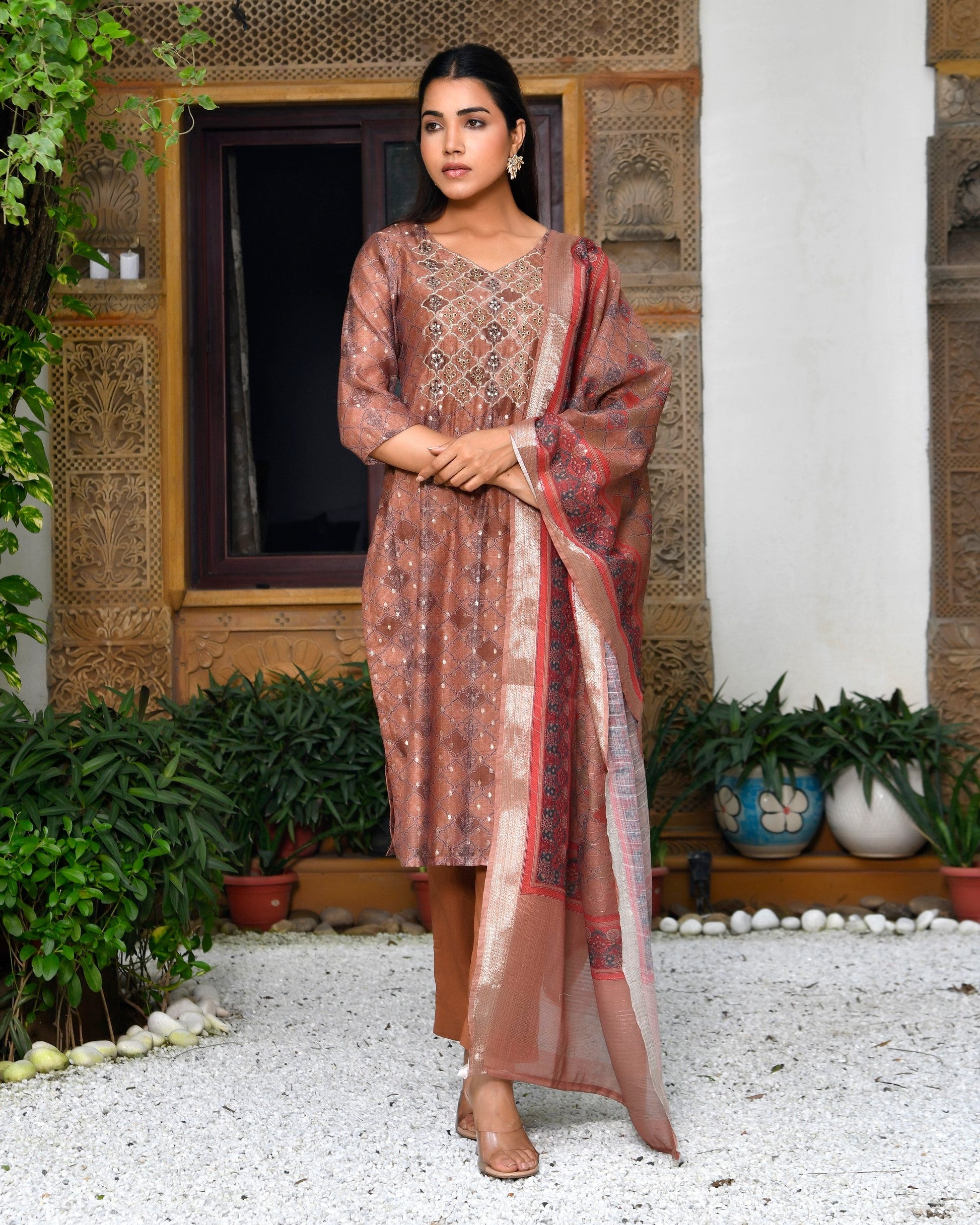 Women Chanderi Printed Suit Set with pant and printed dupatta
