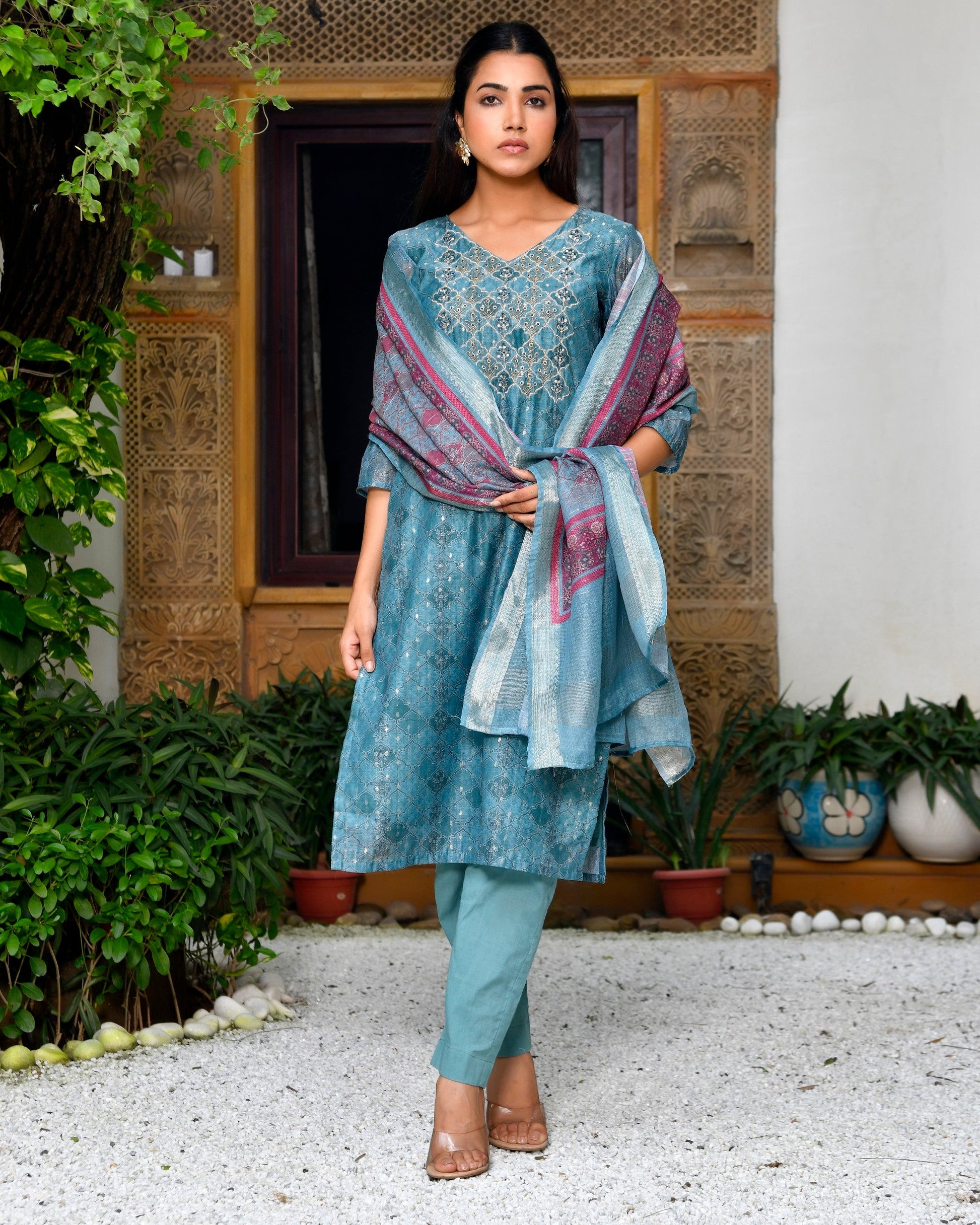 Women Chanderi Printed Suit Set with pant and printed dupatta