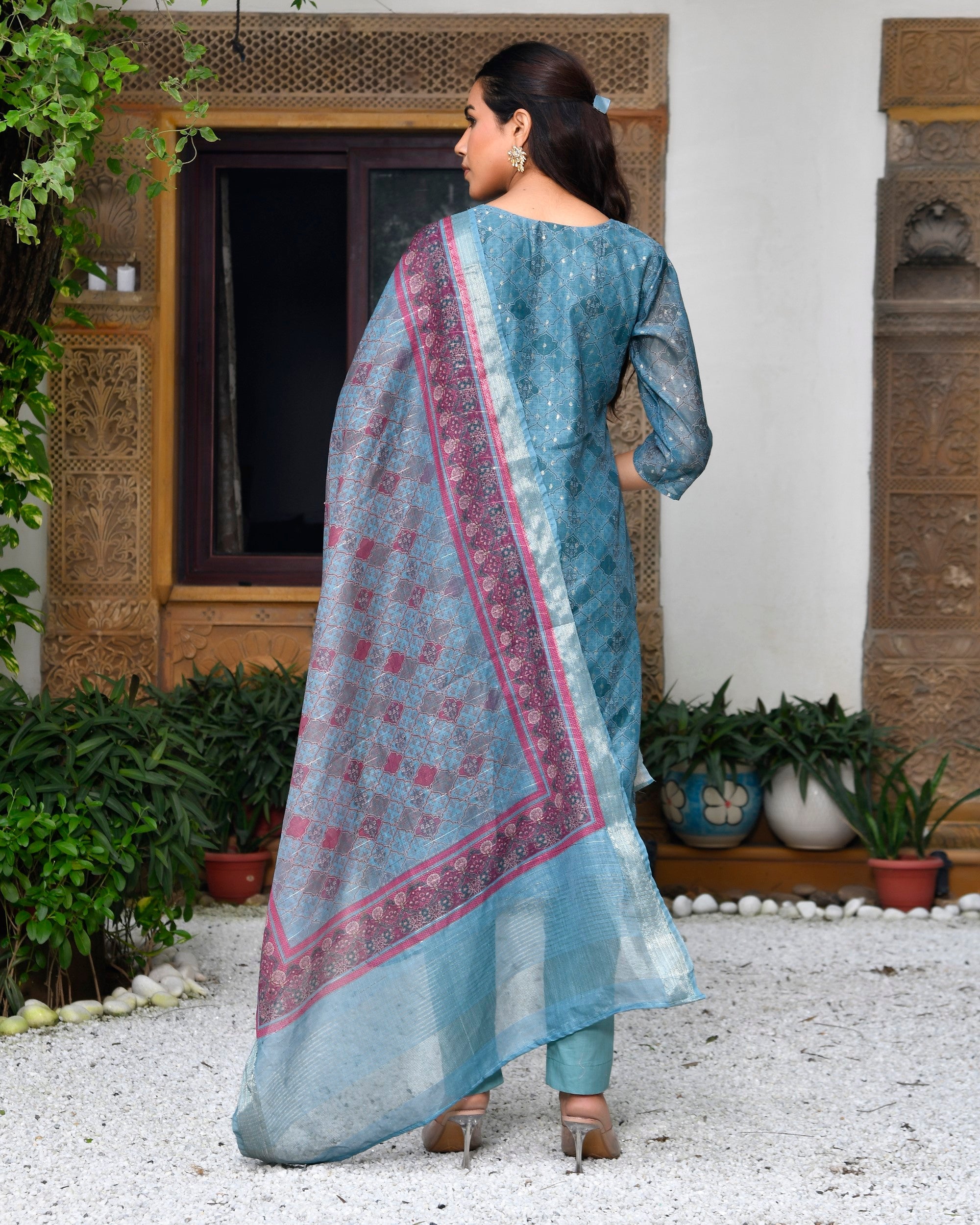 Women Chanderi Printed Suit Set with pant and printed dupatta