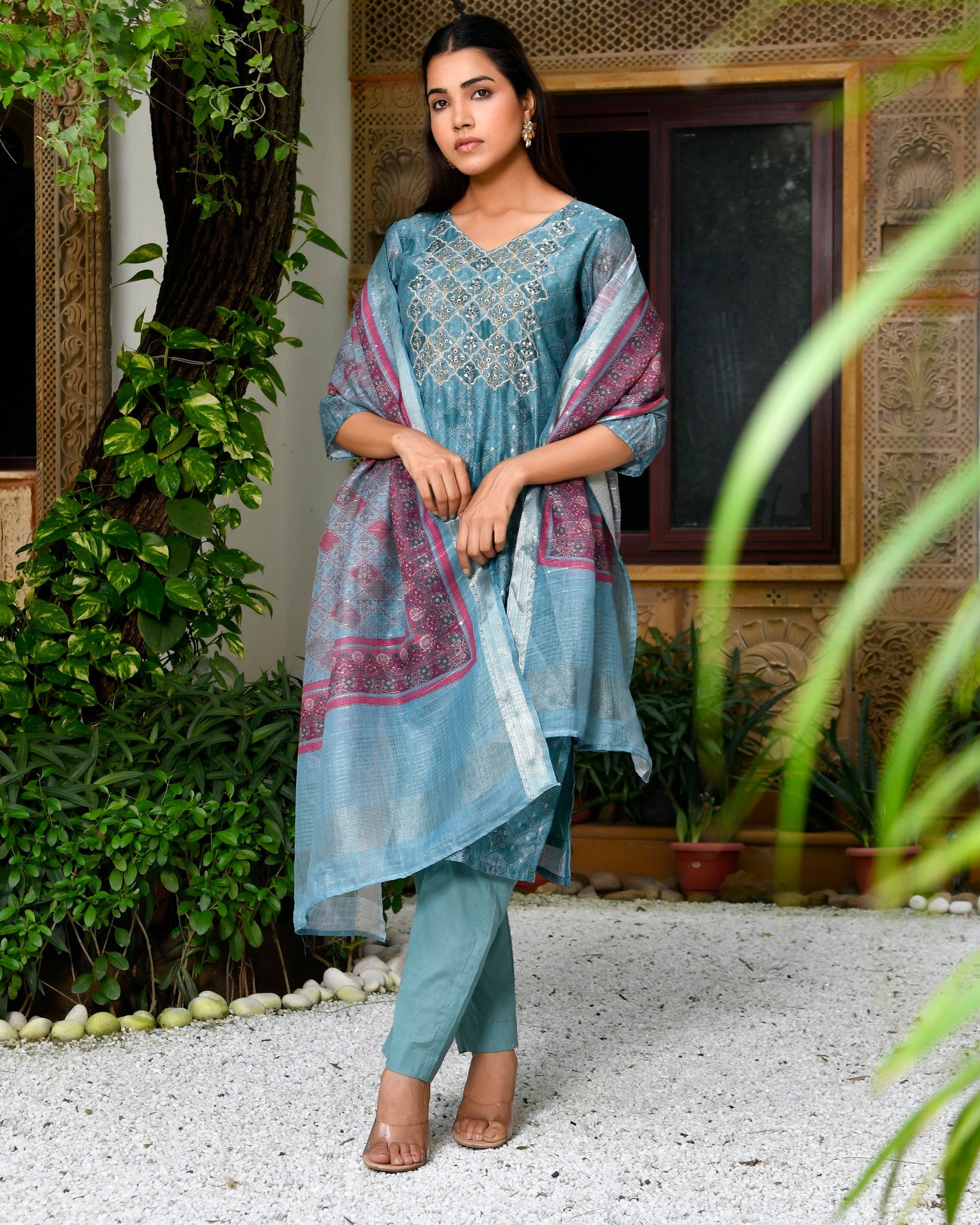 Women Chanderi Printed Suit Set with pant and printed dupatta