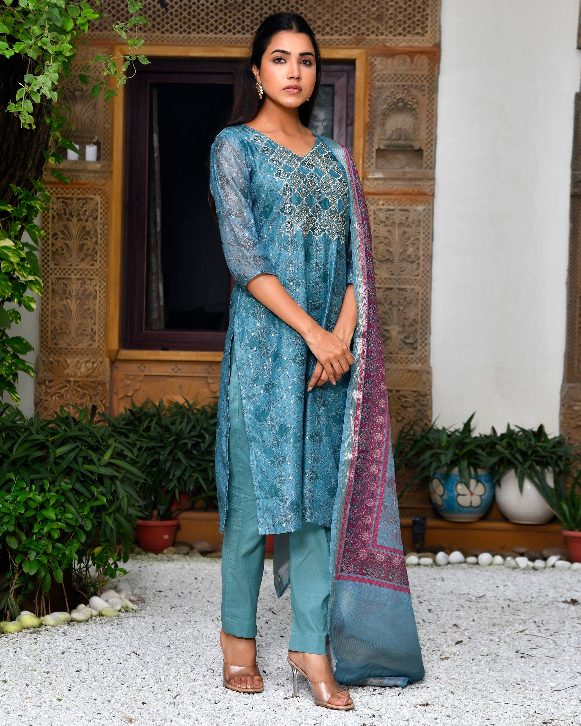 Women Chanderi Printed Suit Set with pant and printed dupatta