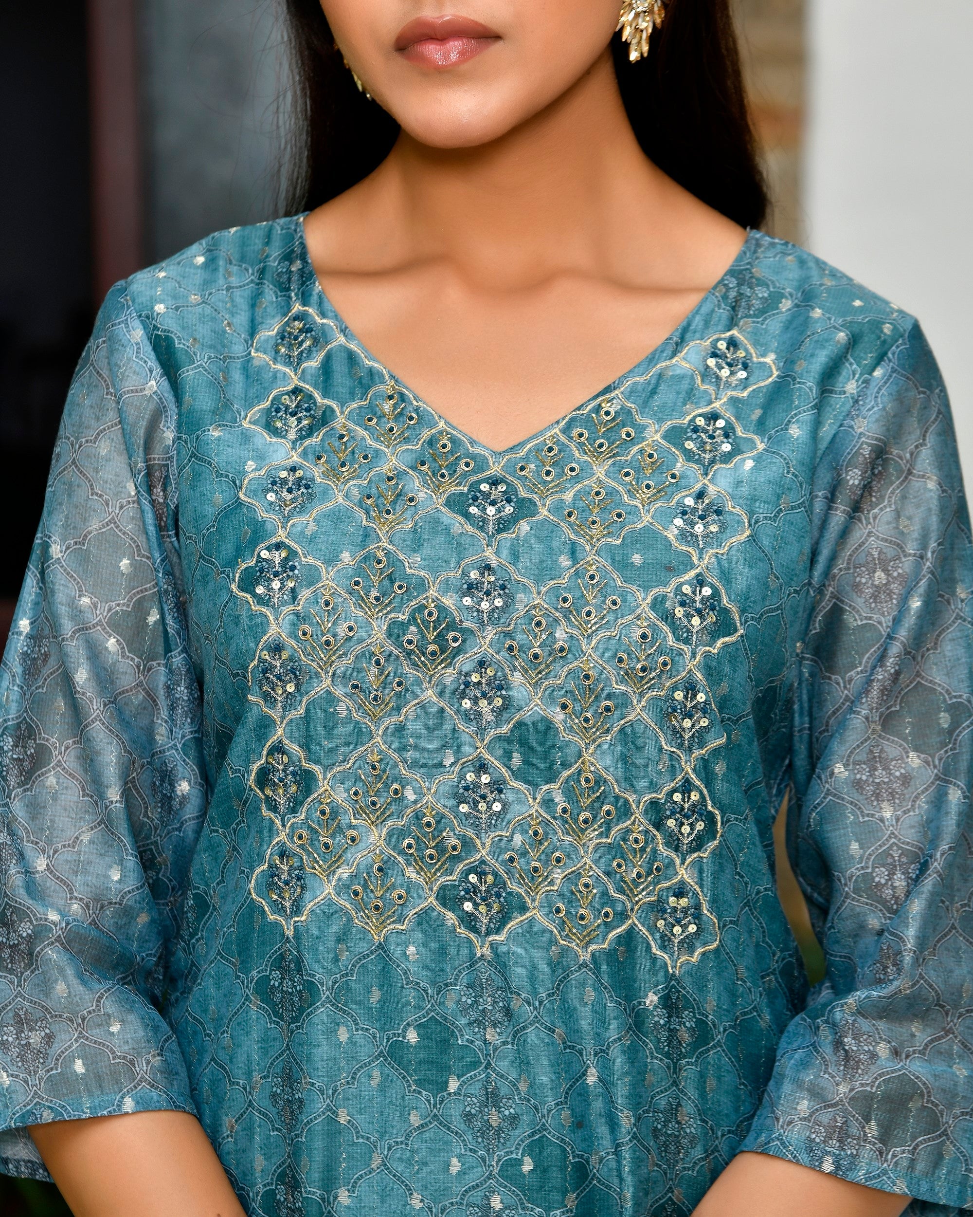 Women Chanderi Printed Suit Set with pant and printed dupatta