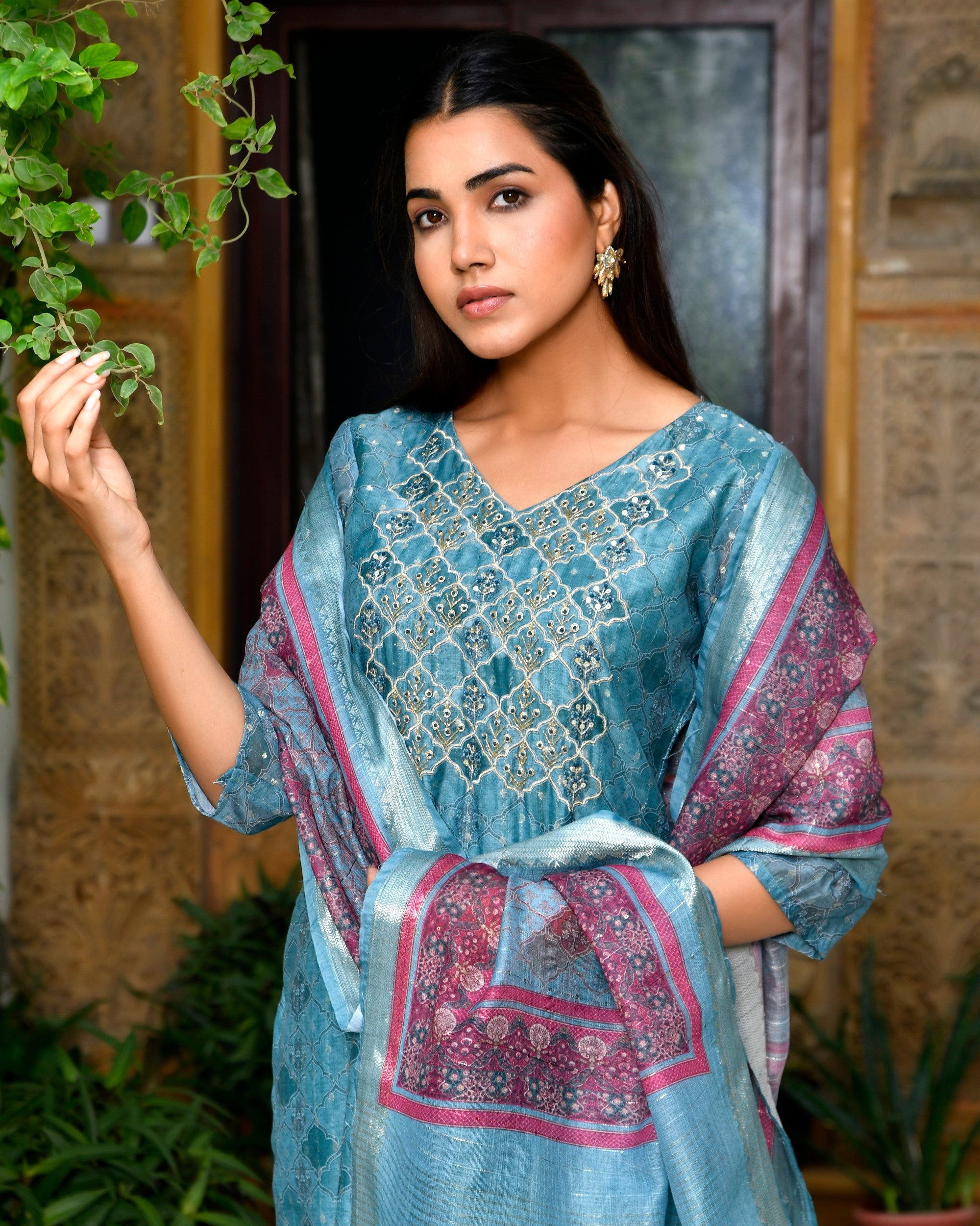 Women Chanderi Printed Suit Set with pant and printed dupatta