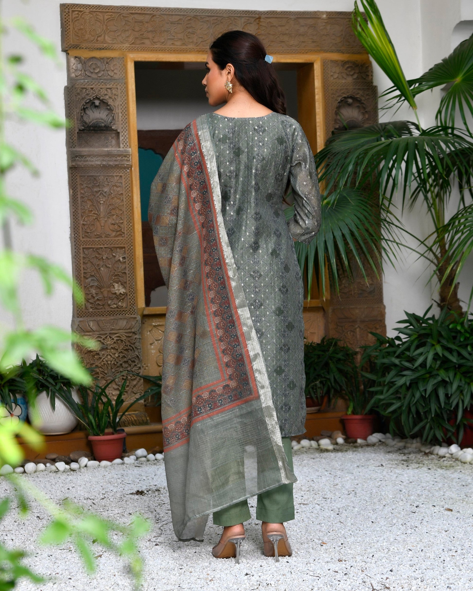 Women Chanderi Printed Suit Set with pant and printed dupatta