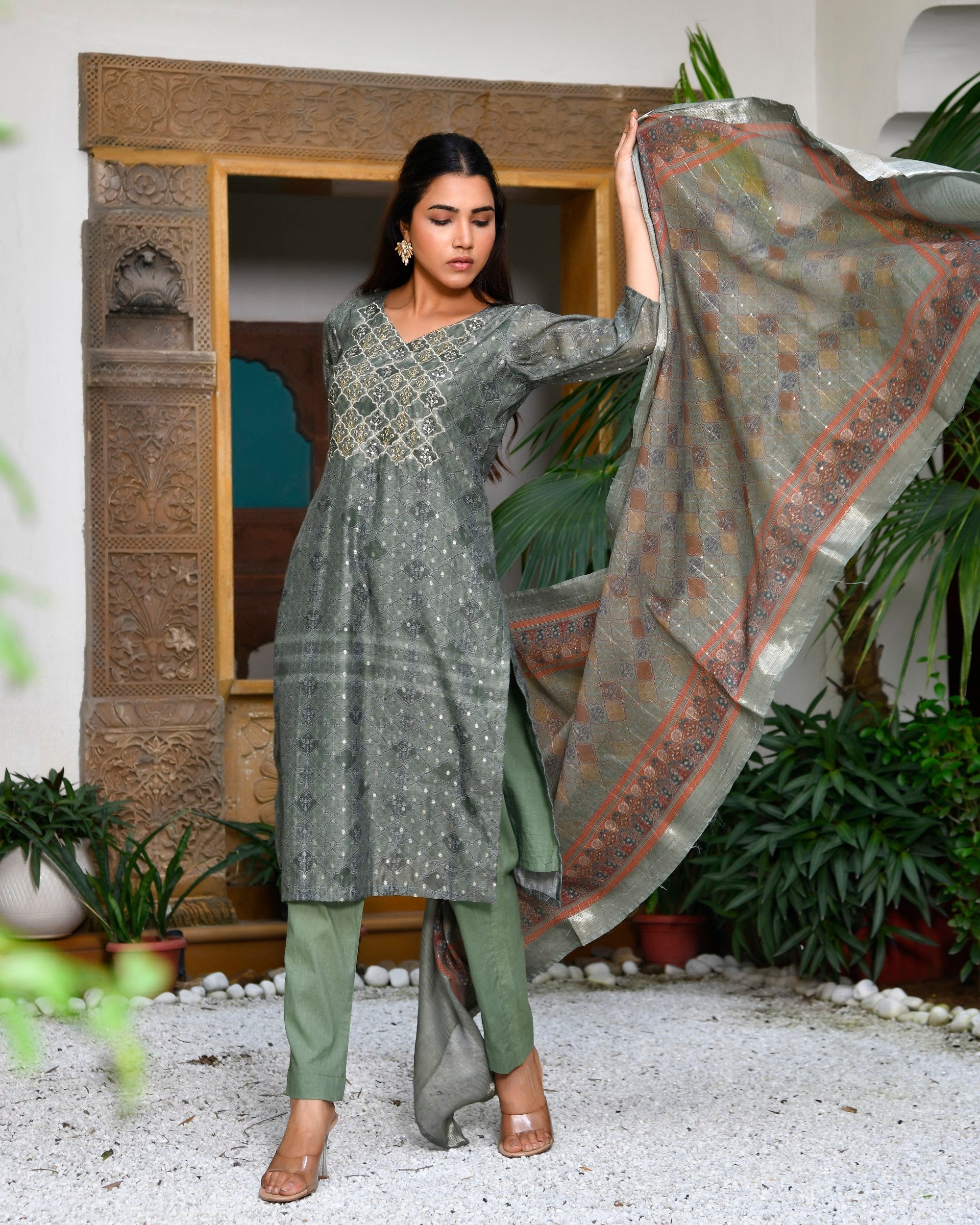 Women Chanderi Printed Suit Set with pant and printed dupatta
