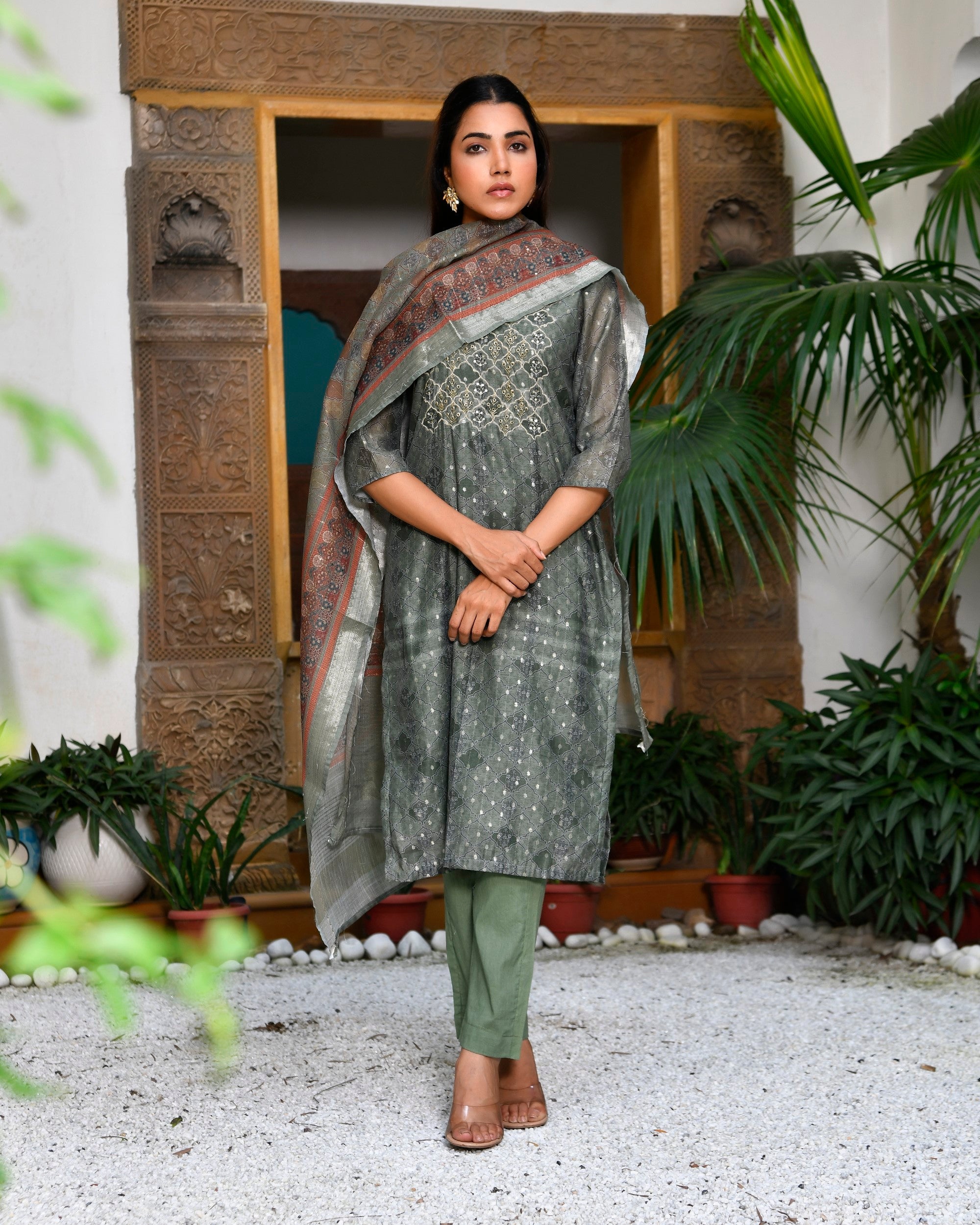 Women Chanderi Printed Suit Set with pant and printed dupatta