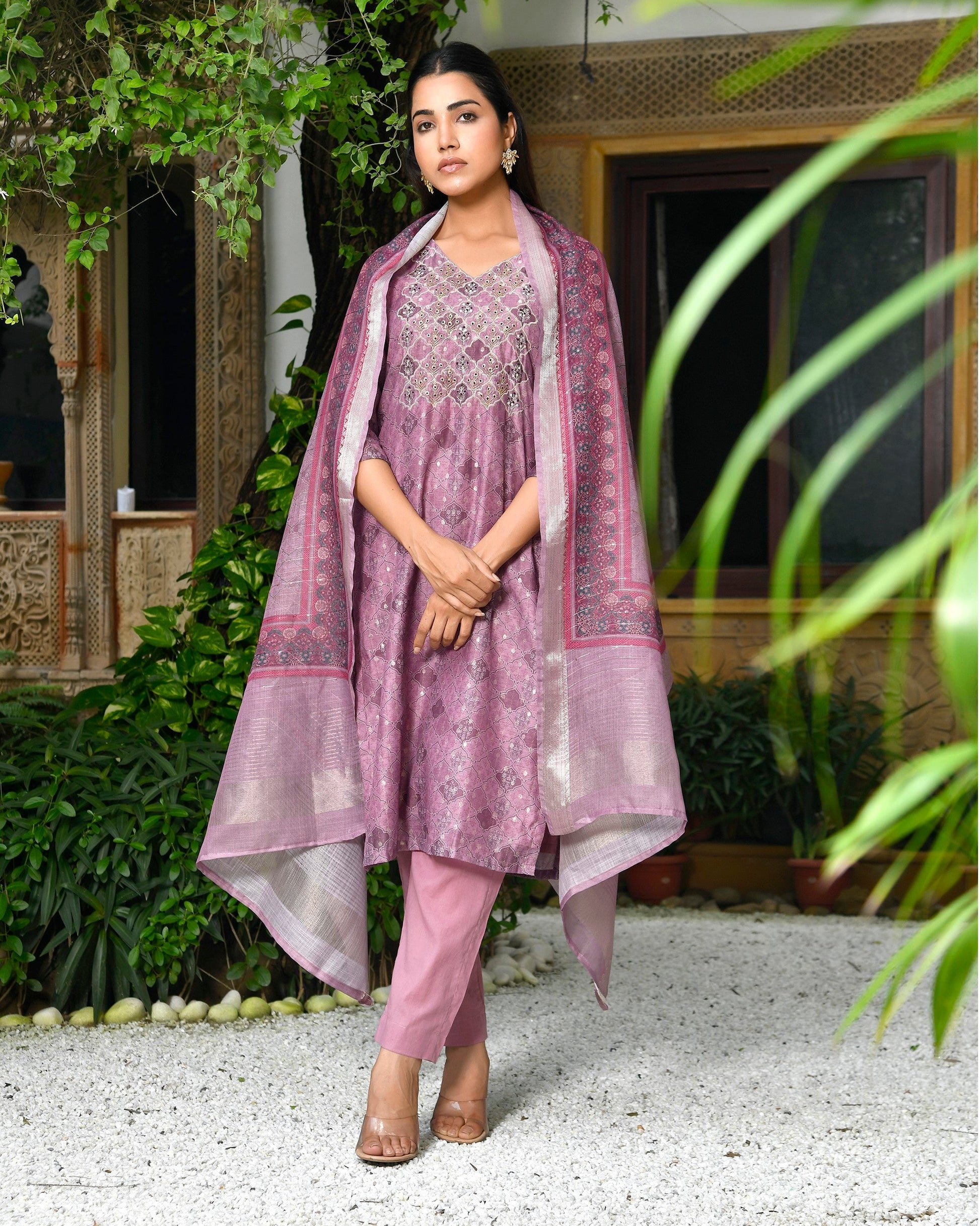 Women Chanderi Printed Suit Set with pant and printed dupatta
