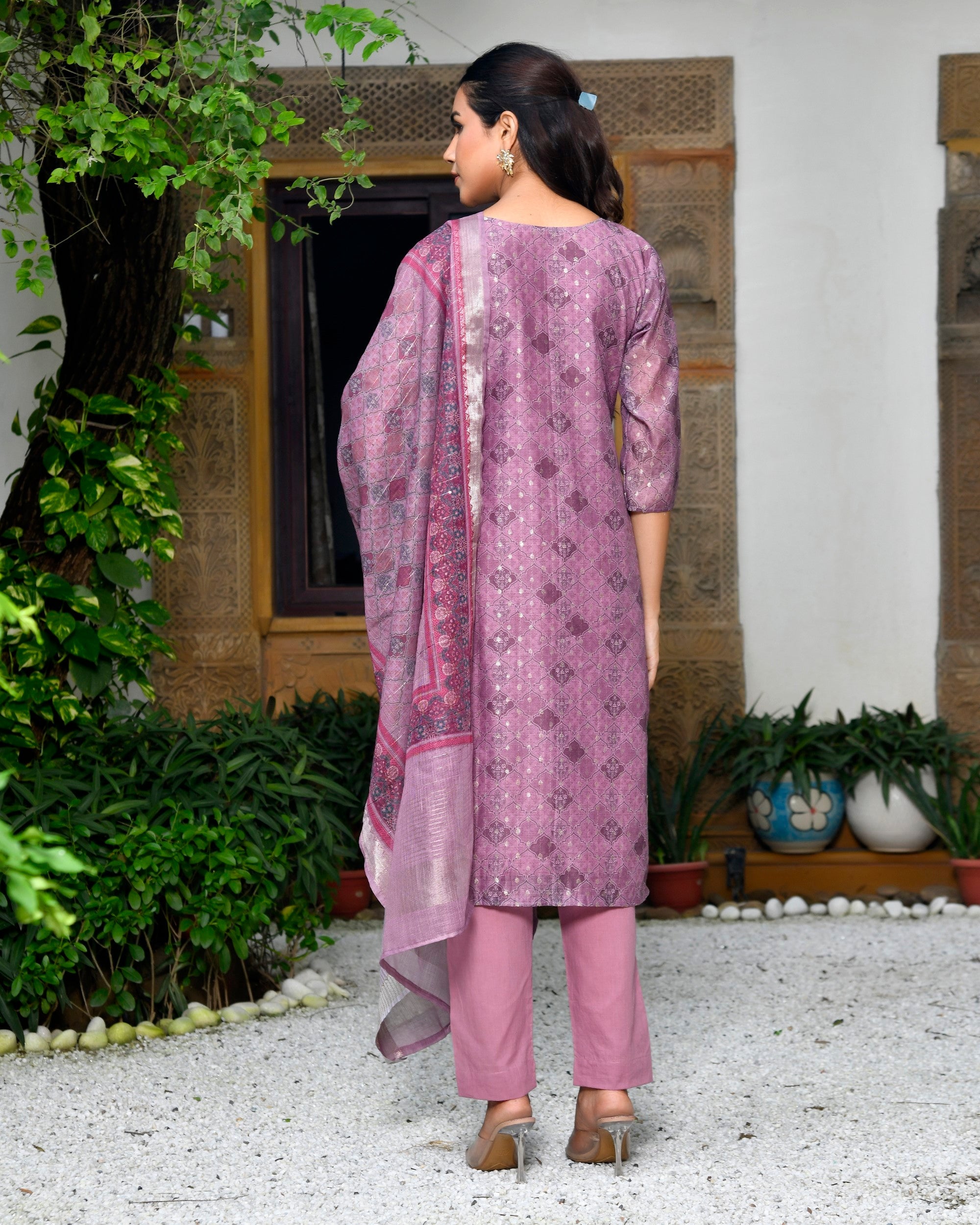 Women Chanderi Printed Suit Set with pant and printed dupatta