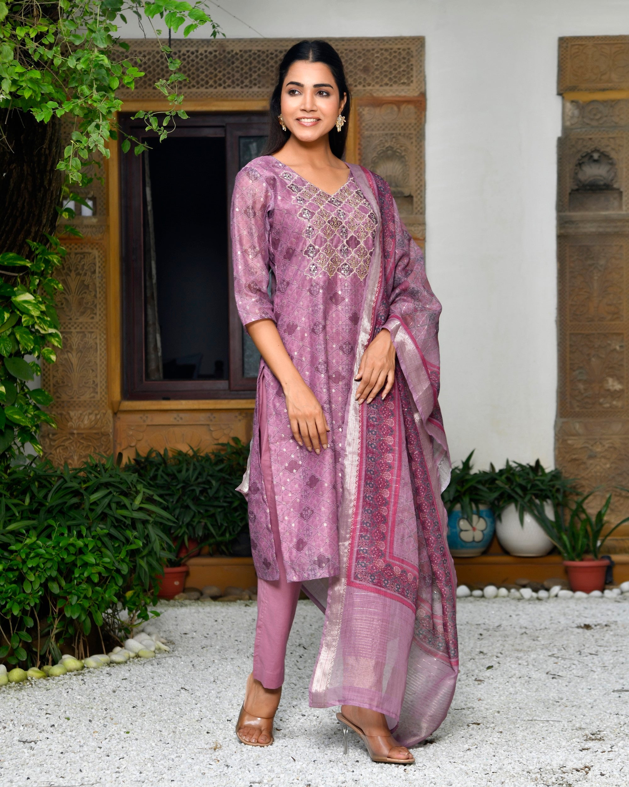 Women Chanderi Printed Suit Set with pant and printed dupatta