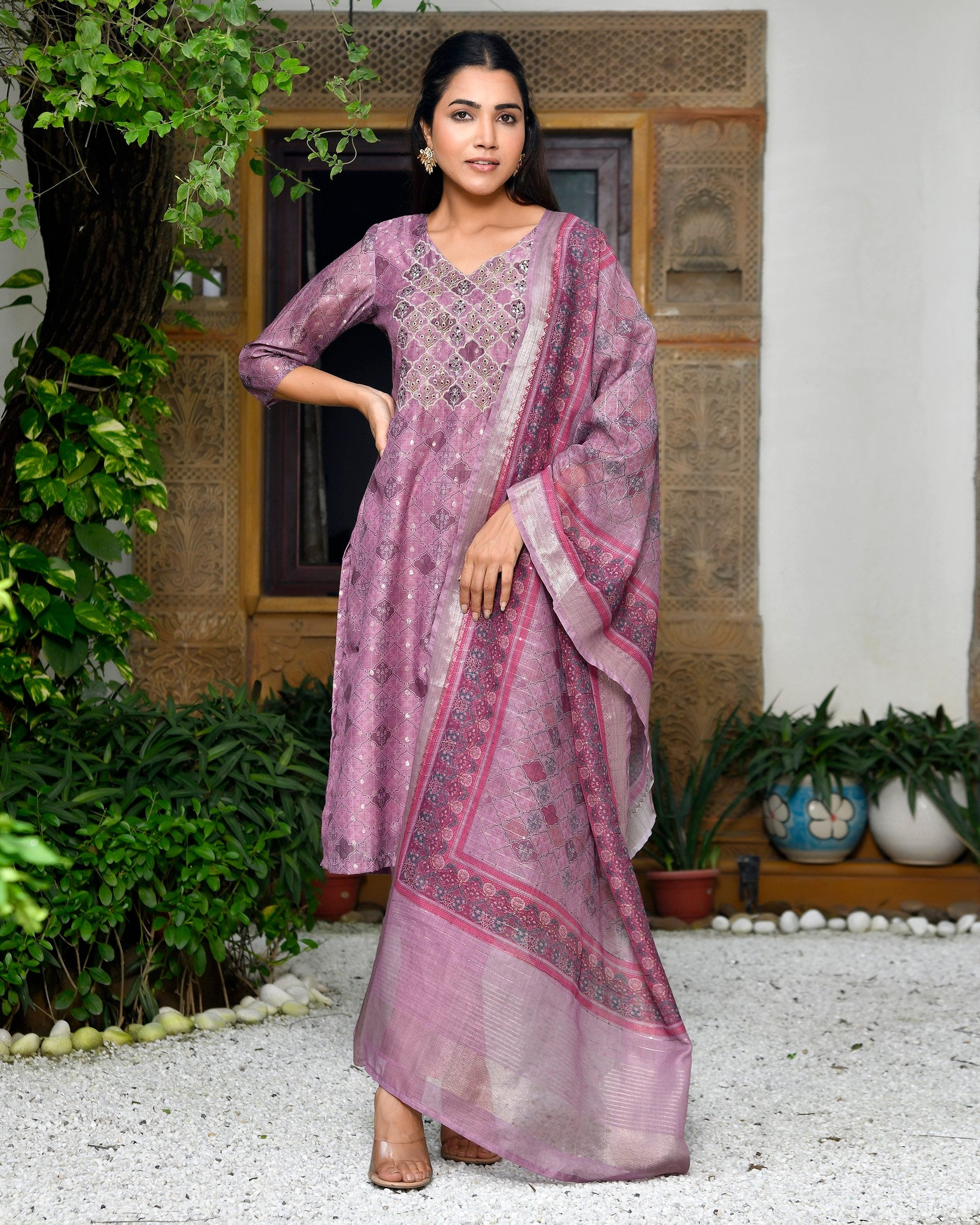 Women Chanderi Printed Suit Set with pant and printed dupatta
