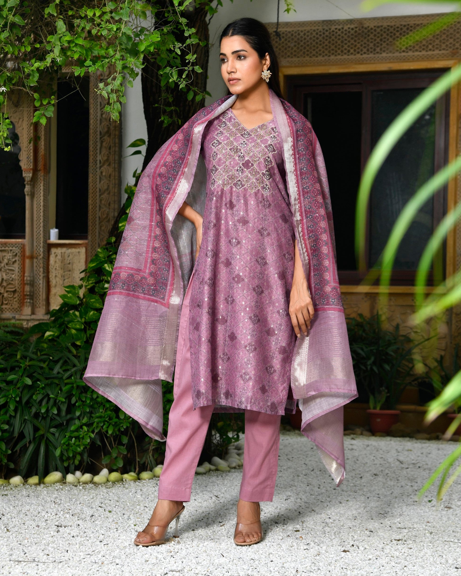 Women Chanderi Printed Suit Set with pant and printed dupatta