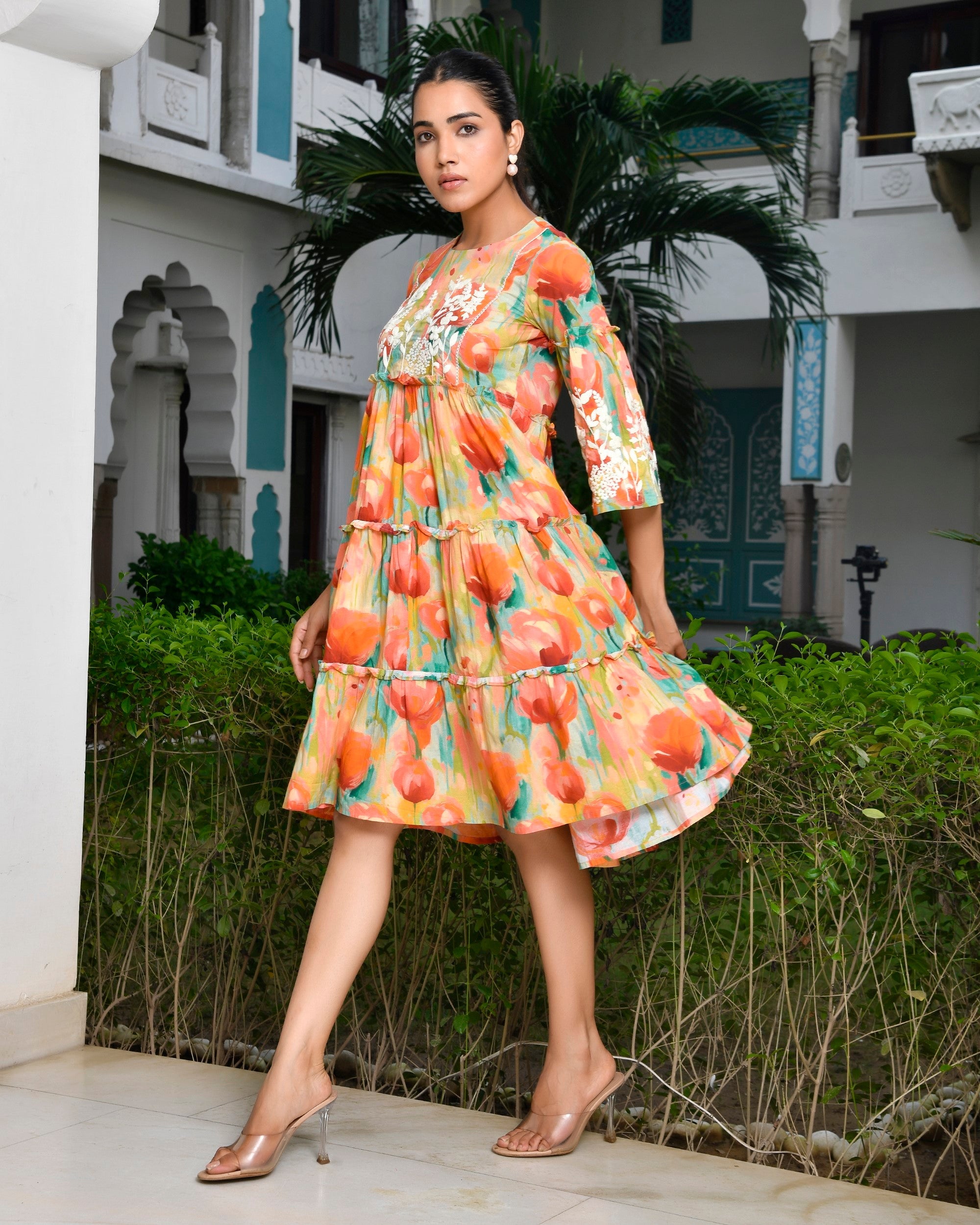 Women Digital Printed embroidered tier cotton Dress