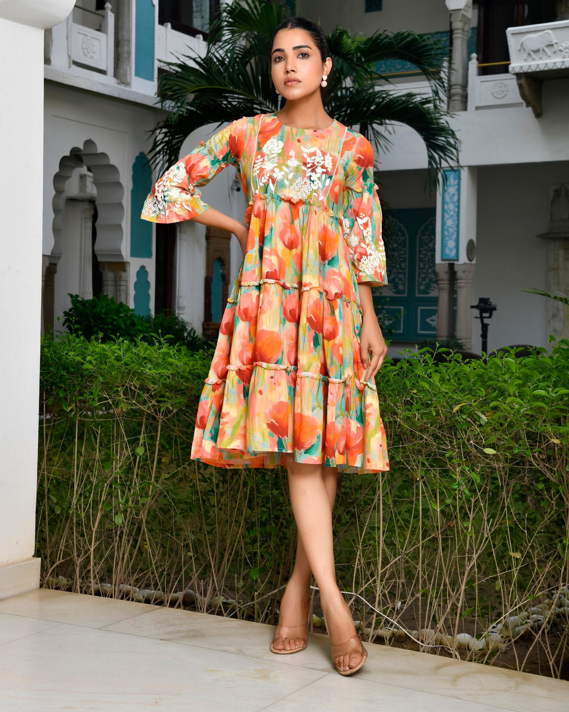 Women Digital Printed embroidered tier cotton Dress
