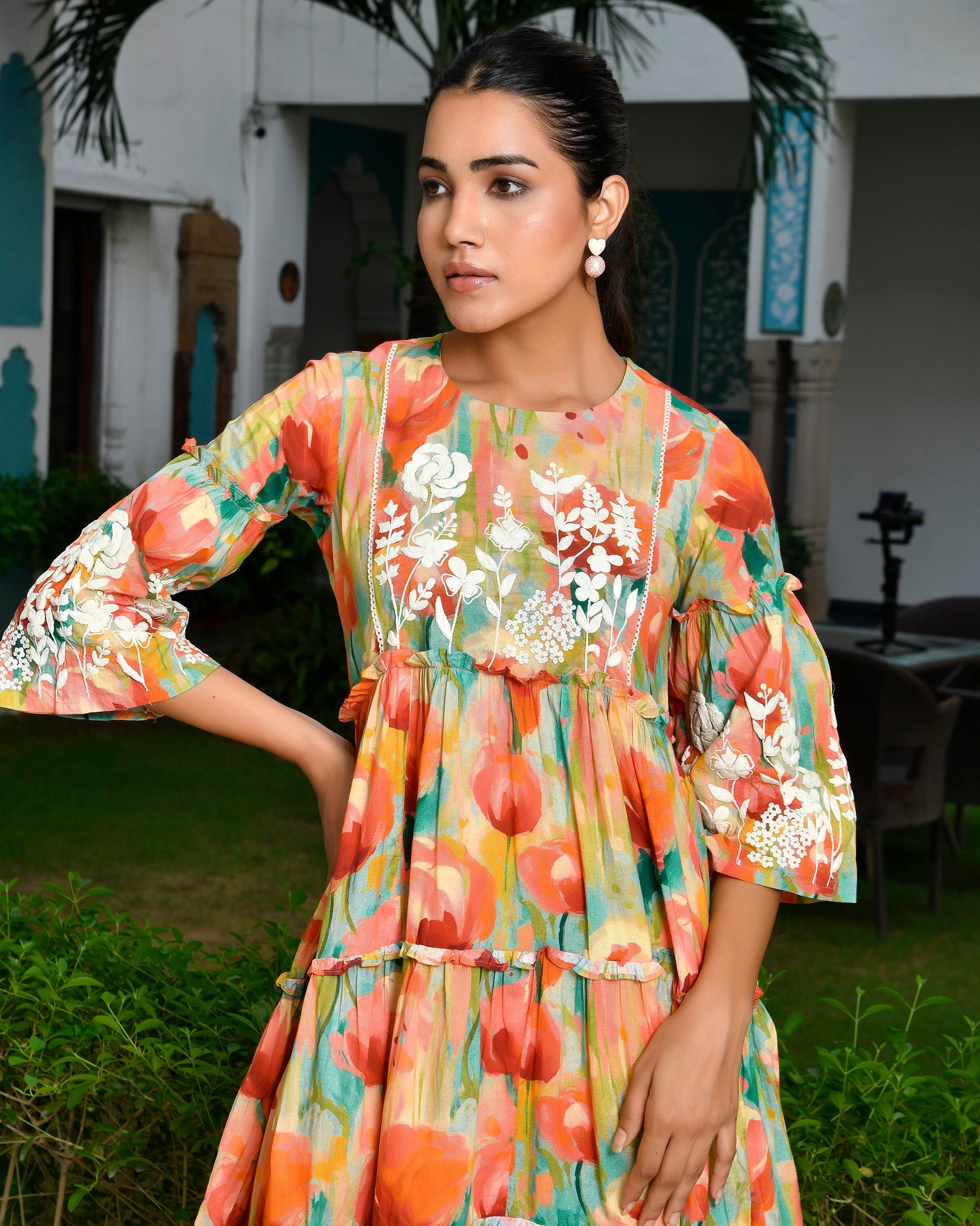 Women Digital Printed embroidered tier cotton Dress