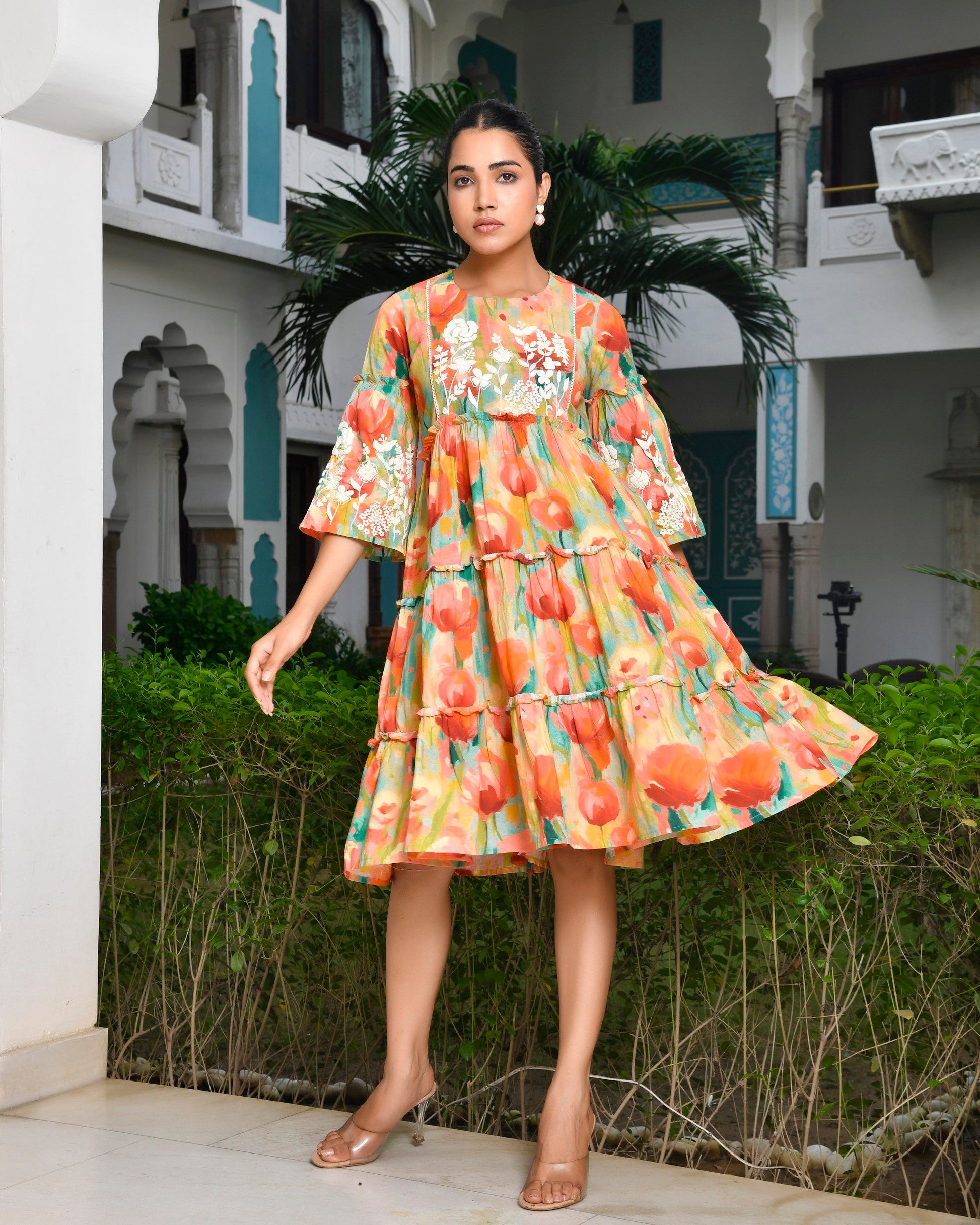 Women Digital Printed embroidered tier cotton Dress