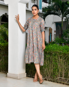 Women Digital Printed embroidered placket cotton Dress