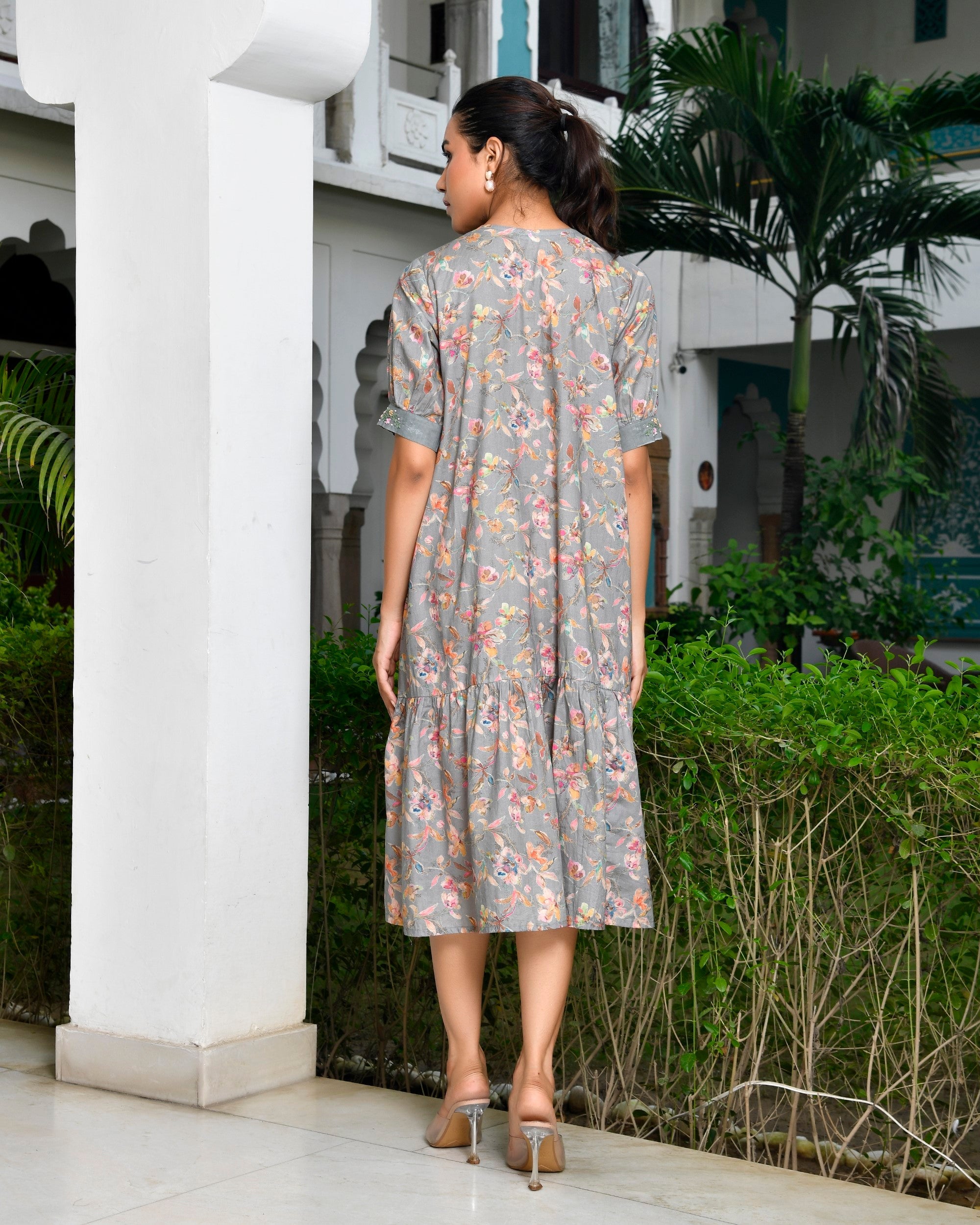 Women Digital Printed embroidered placket cotton Dress