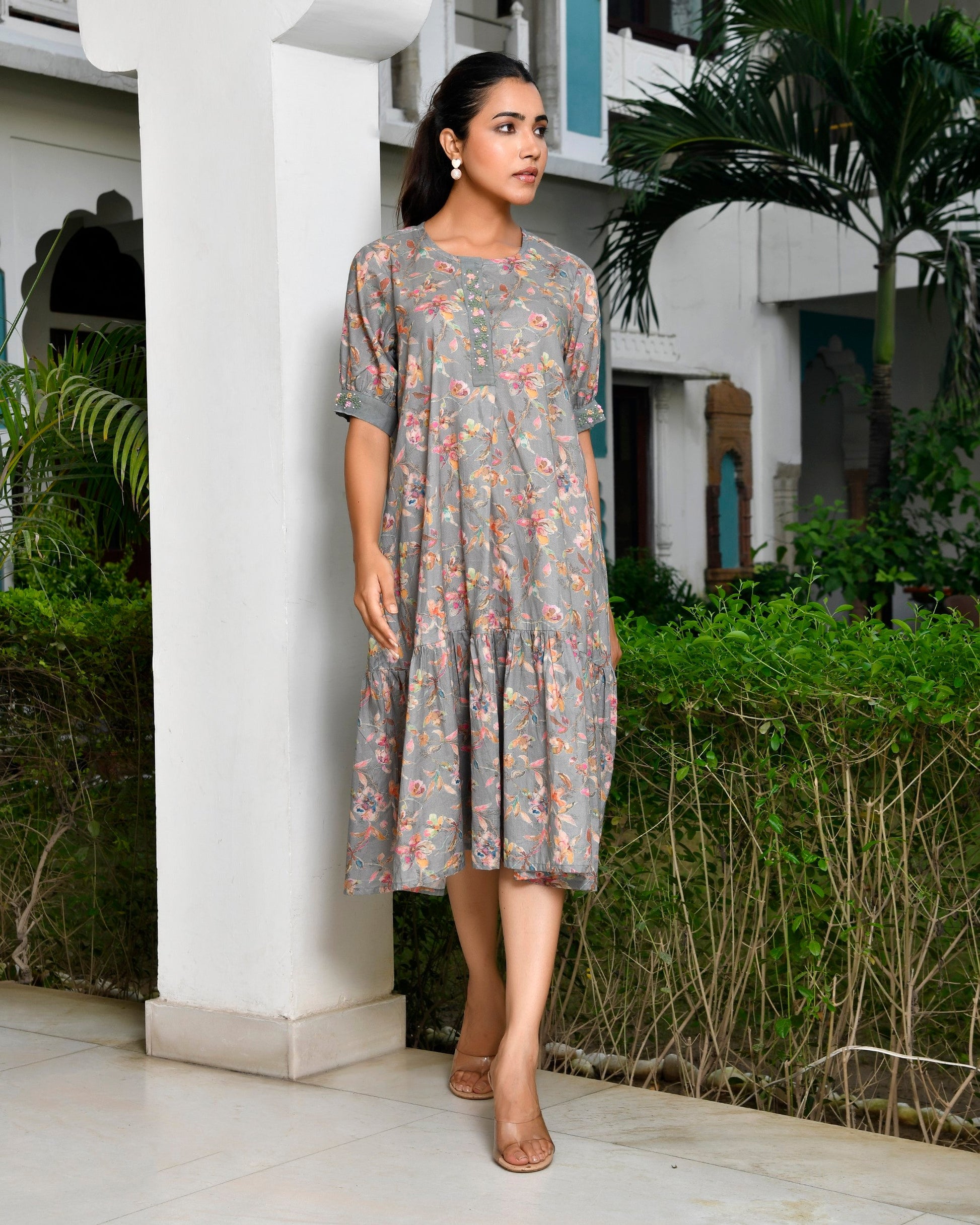 Women Digital Printed embroidered placket cotton Dress