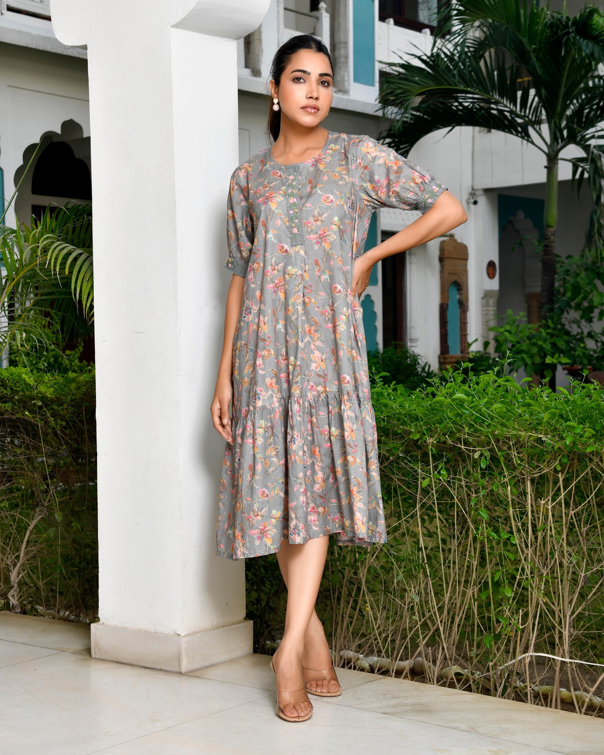 Women Digital Printed embroidered placket cotton Dress