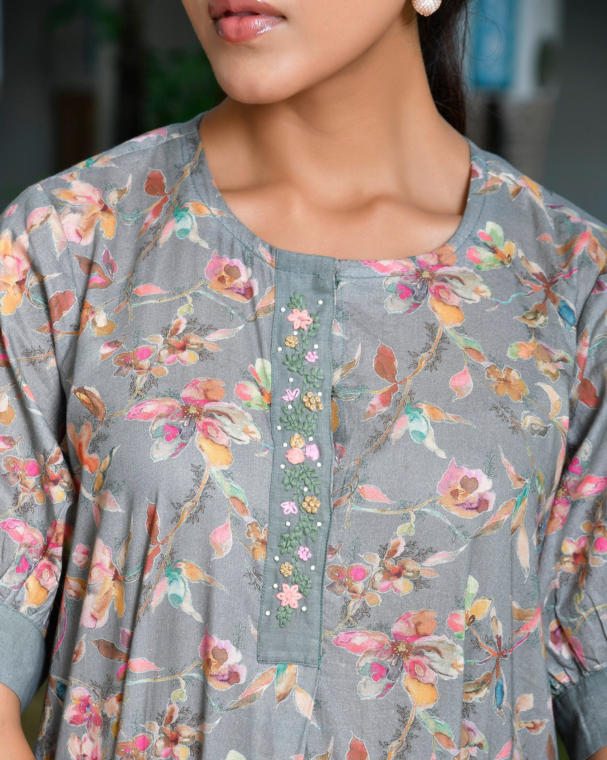 Women Digital Printed embroidered placket cotton Dress