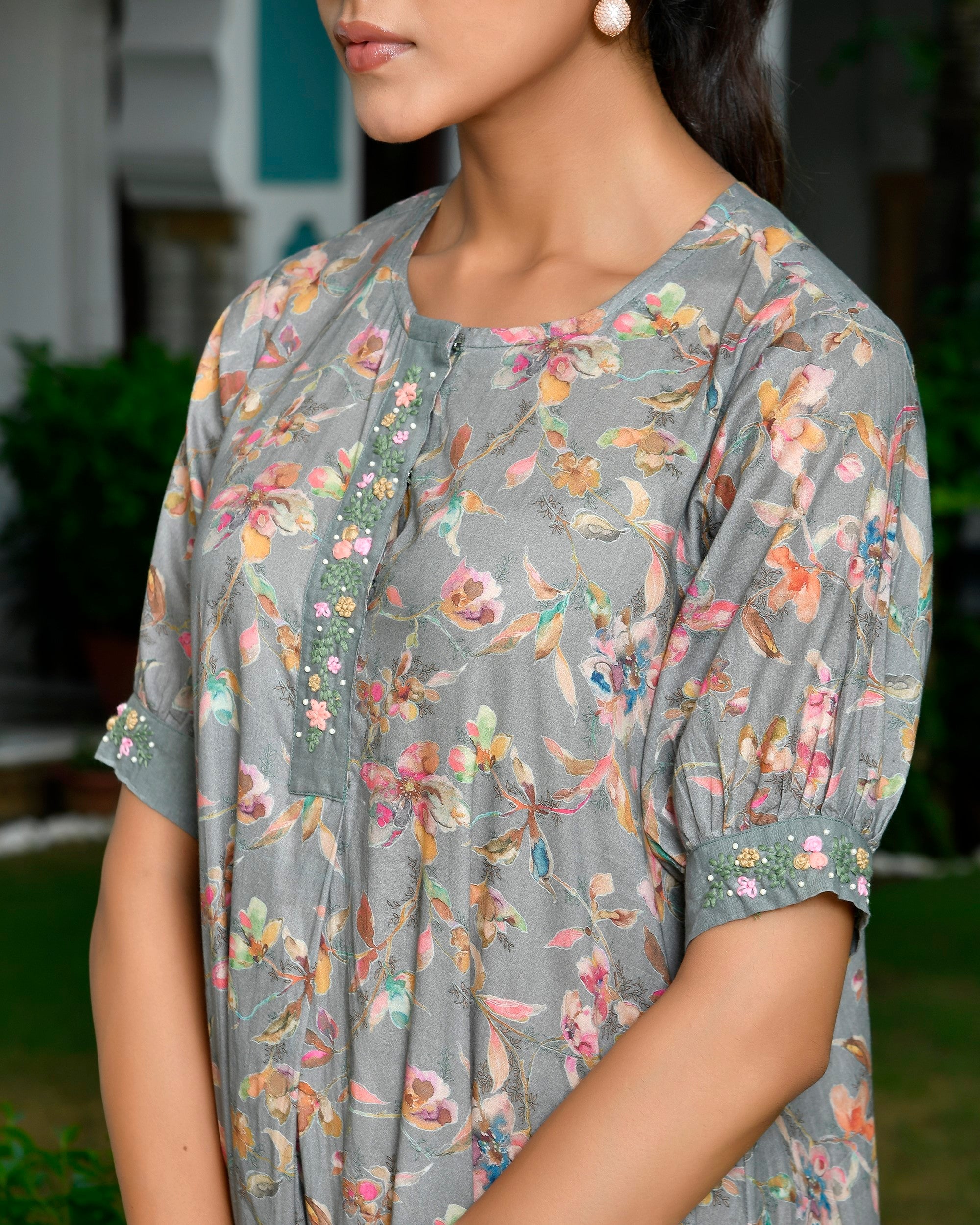 Women Digital Printed embroidered placket cotton Dress