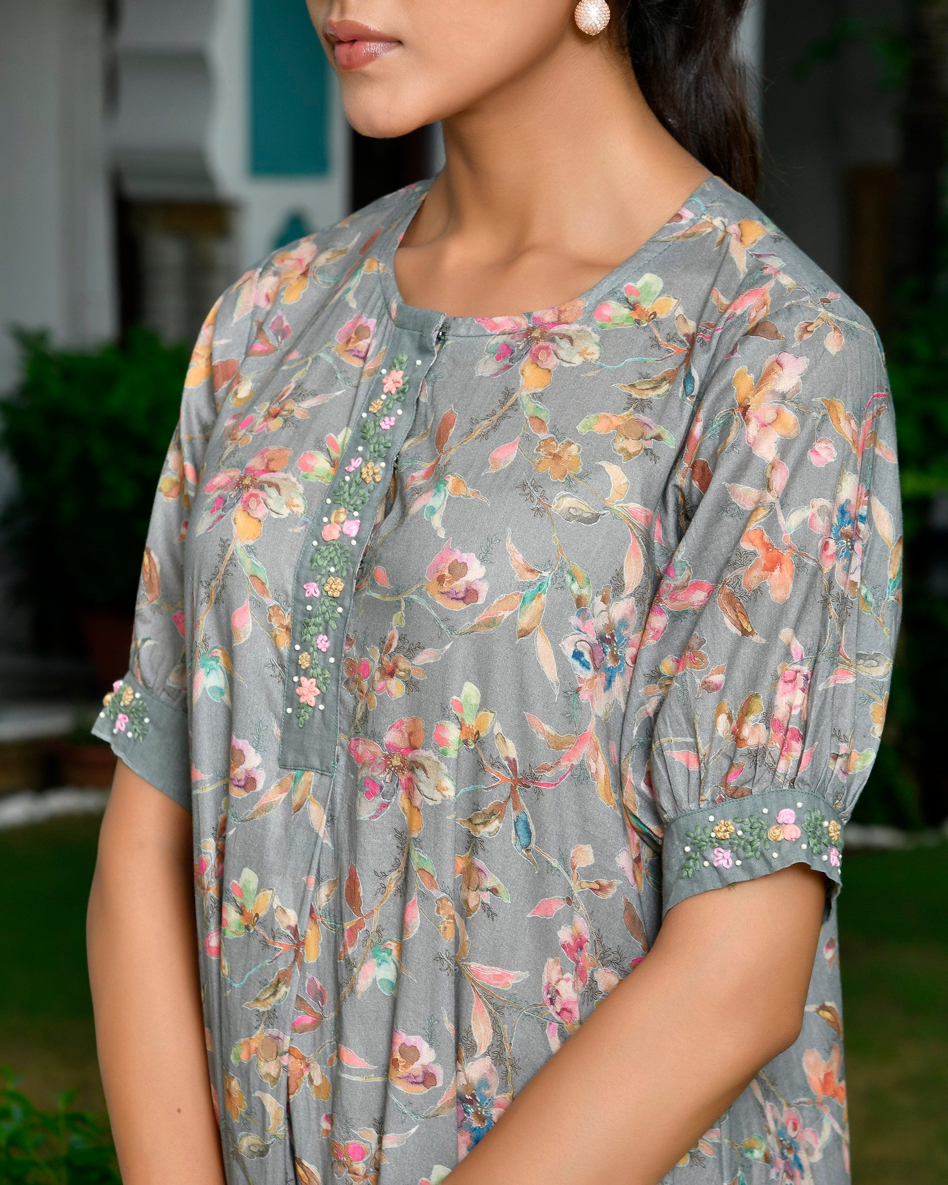 Women Digital Printed embroidered placket cotton Dress