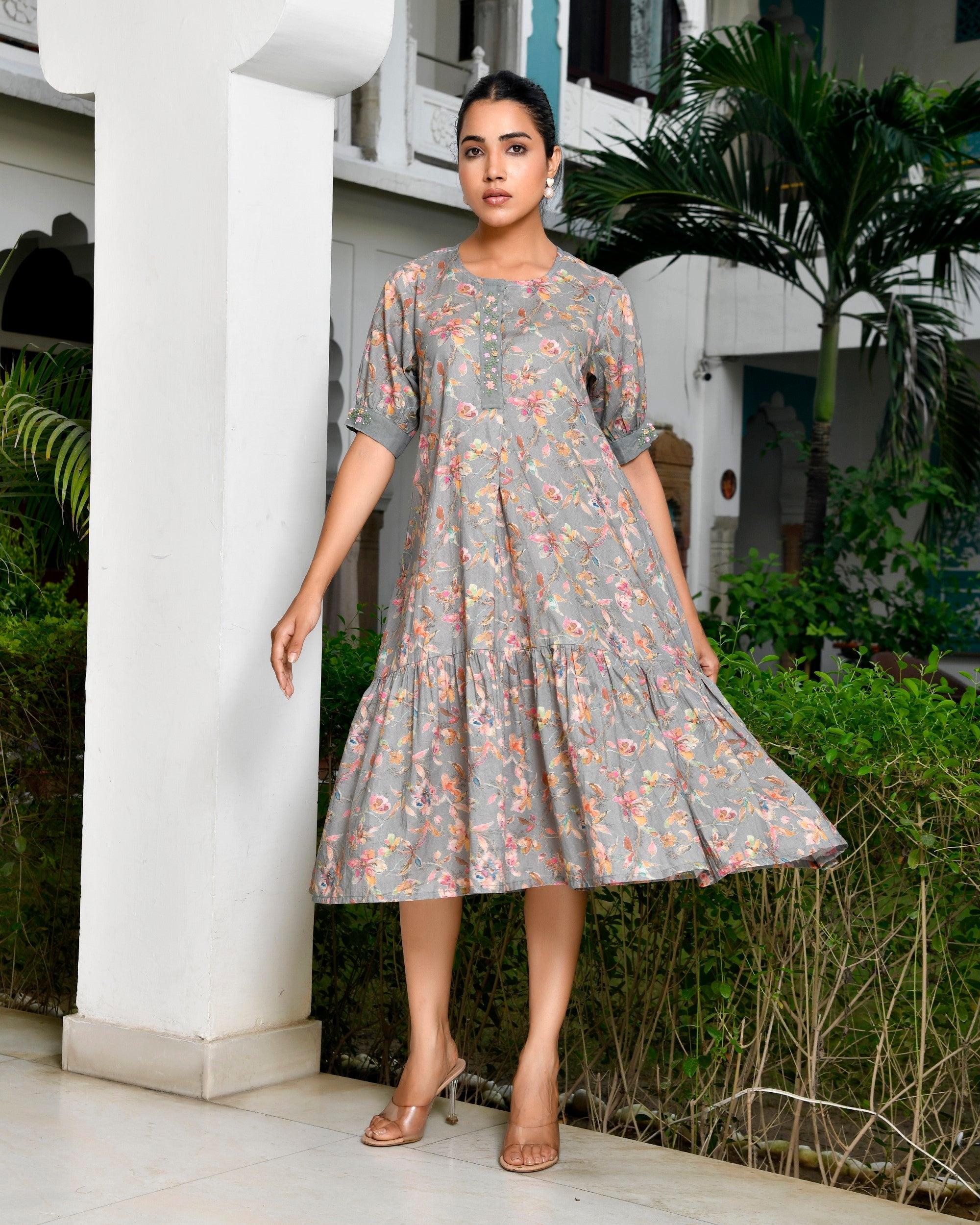 Women Digital Printed embroidered placket cotton Dress