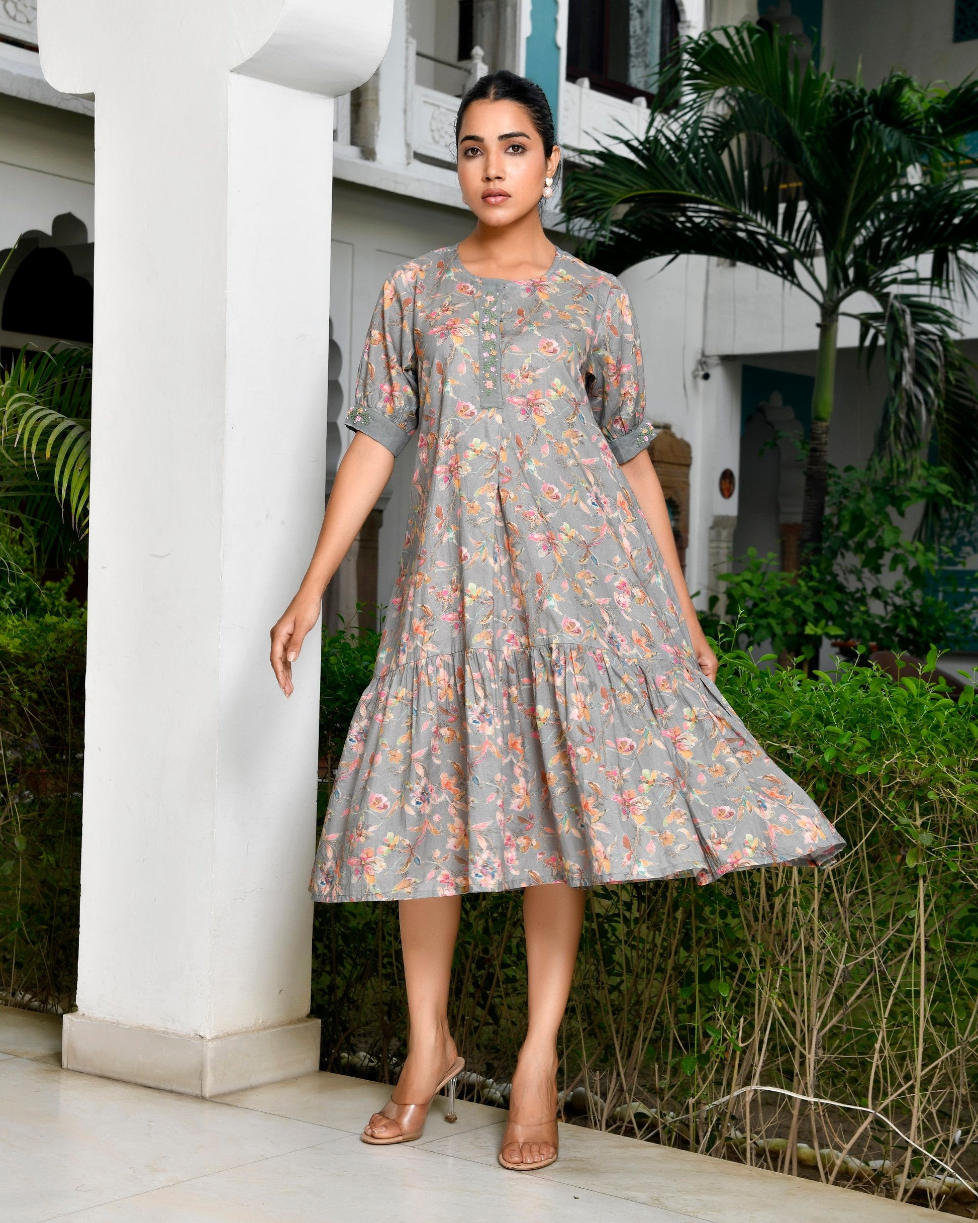 Women Digital Printed embroidered placket cotton Dress