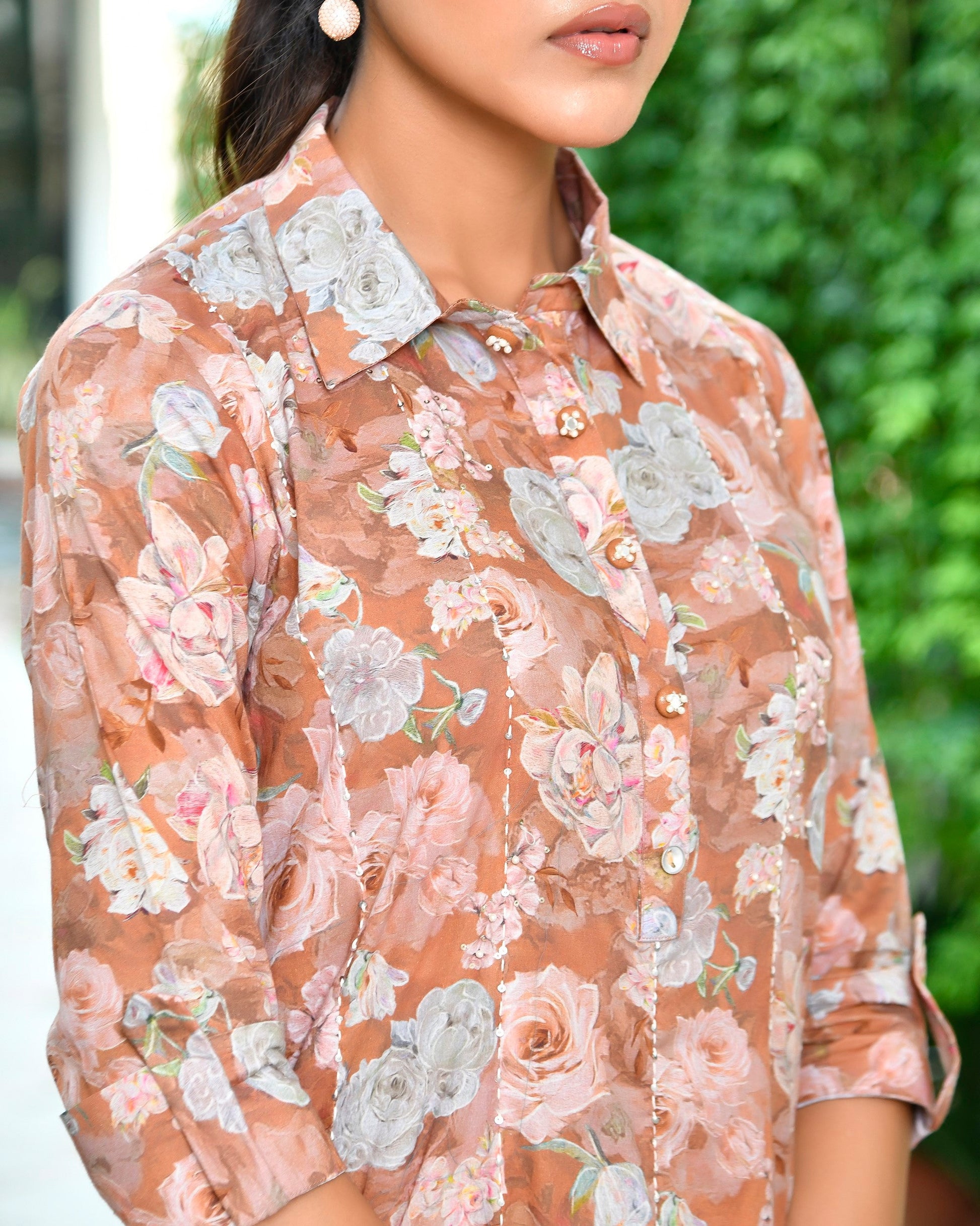 Women's Brown Cotton Digital Printed Cord Set