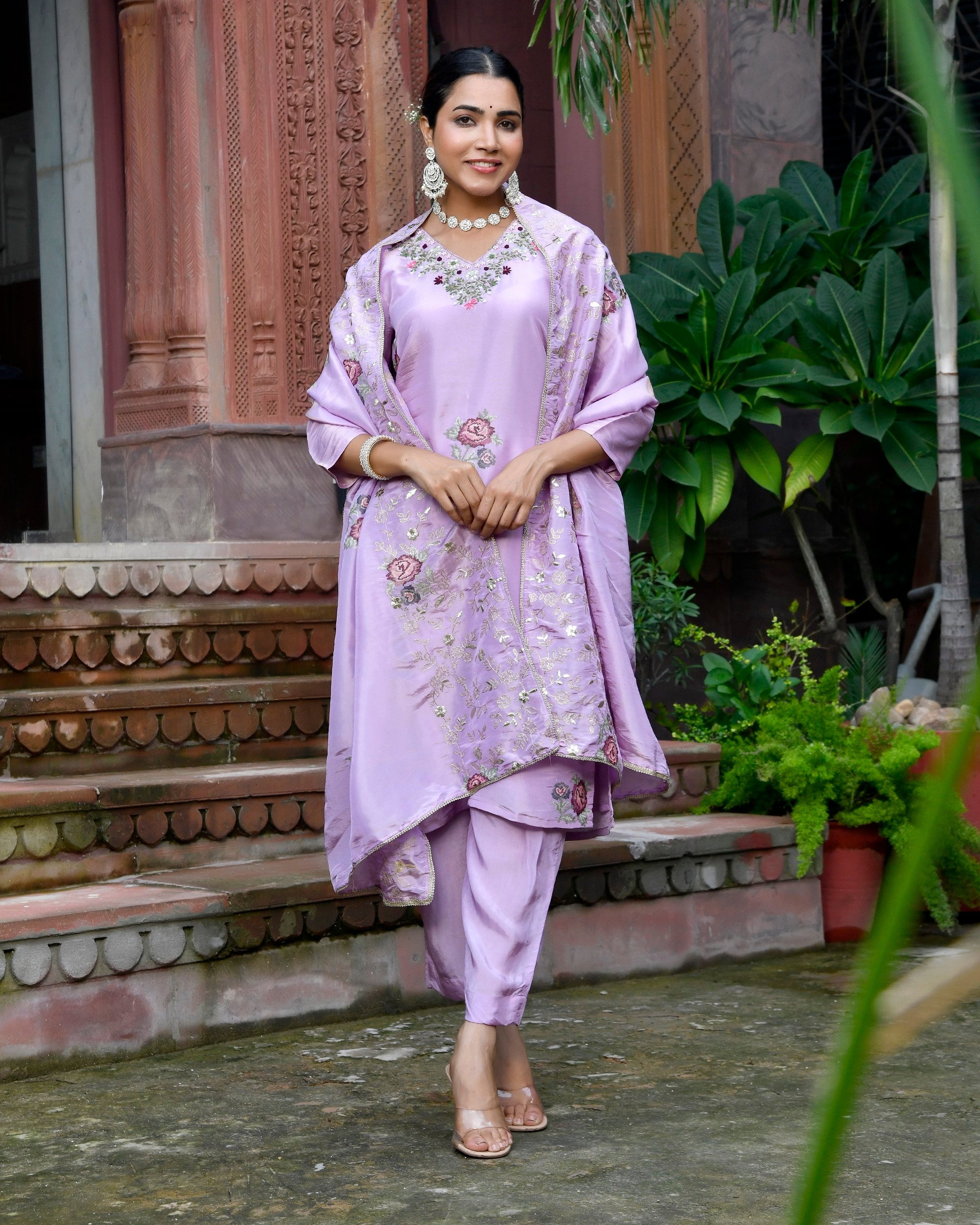 Women Tissue Silk emboidered suit set with solid pant & solid embroidered dupatta